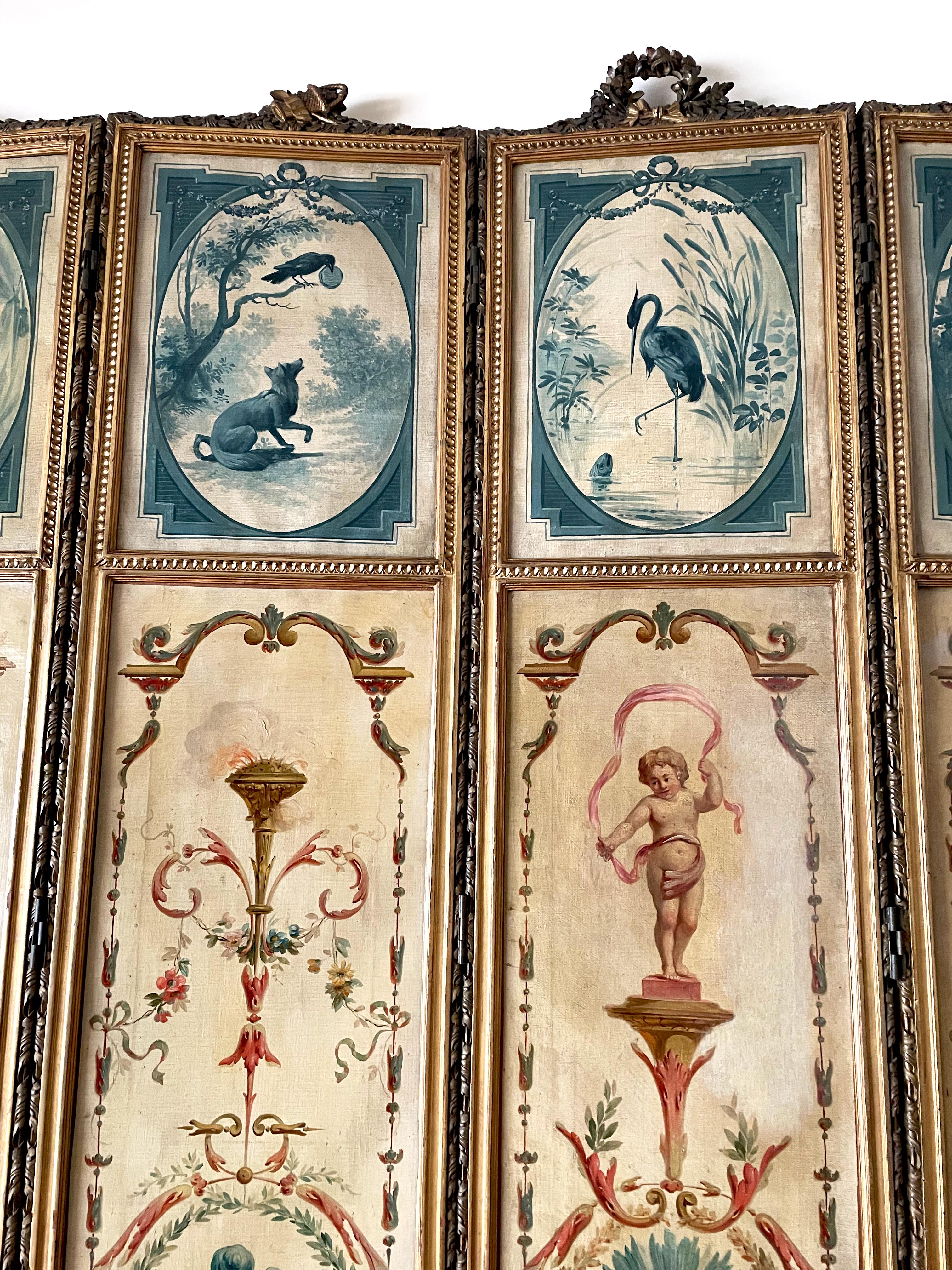 18th Century French Louis XVI Antique 5 Panels Hand Painted Screen from Duc Uzès For Sale 4