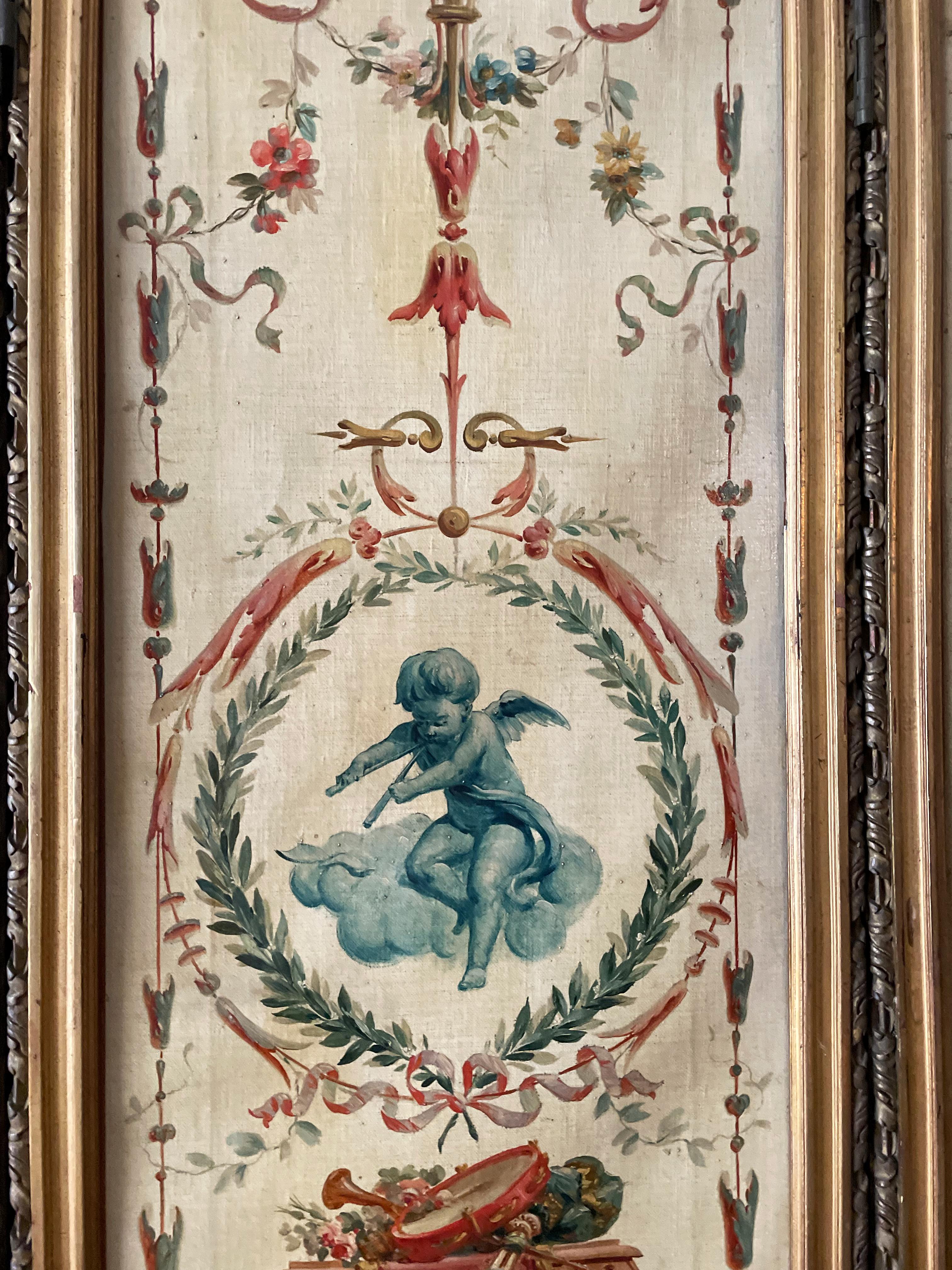 18th Century French Louis XVI Antique 5 Panels Hand Painted Screen from Duc Uzès For Sale 8
