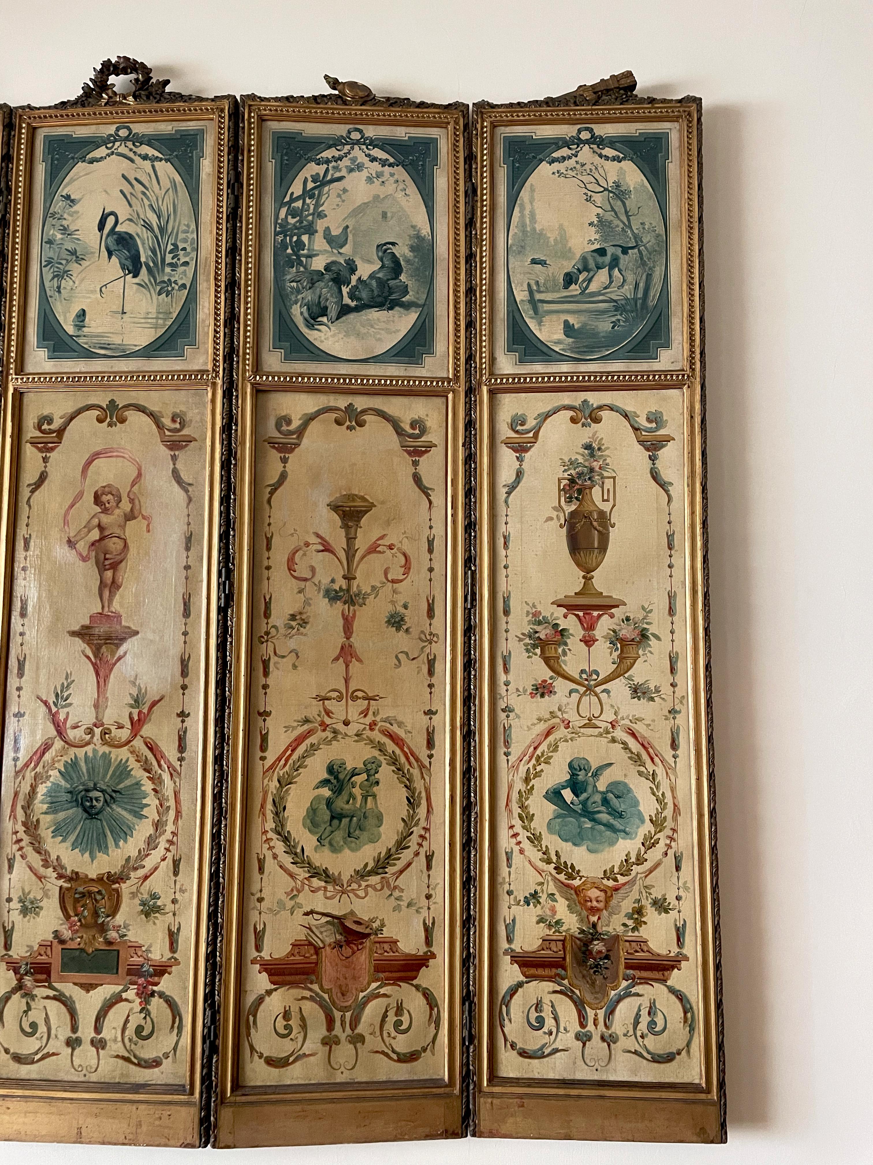 18th Century French Louis XVI Antique 5 Panels Hand Painted Screen from Duc Uzès In Good Condition For Sale In London, GB