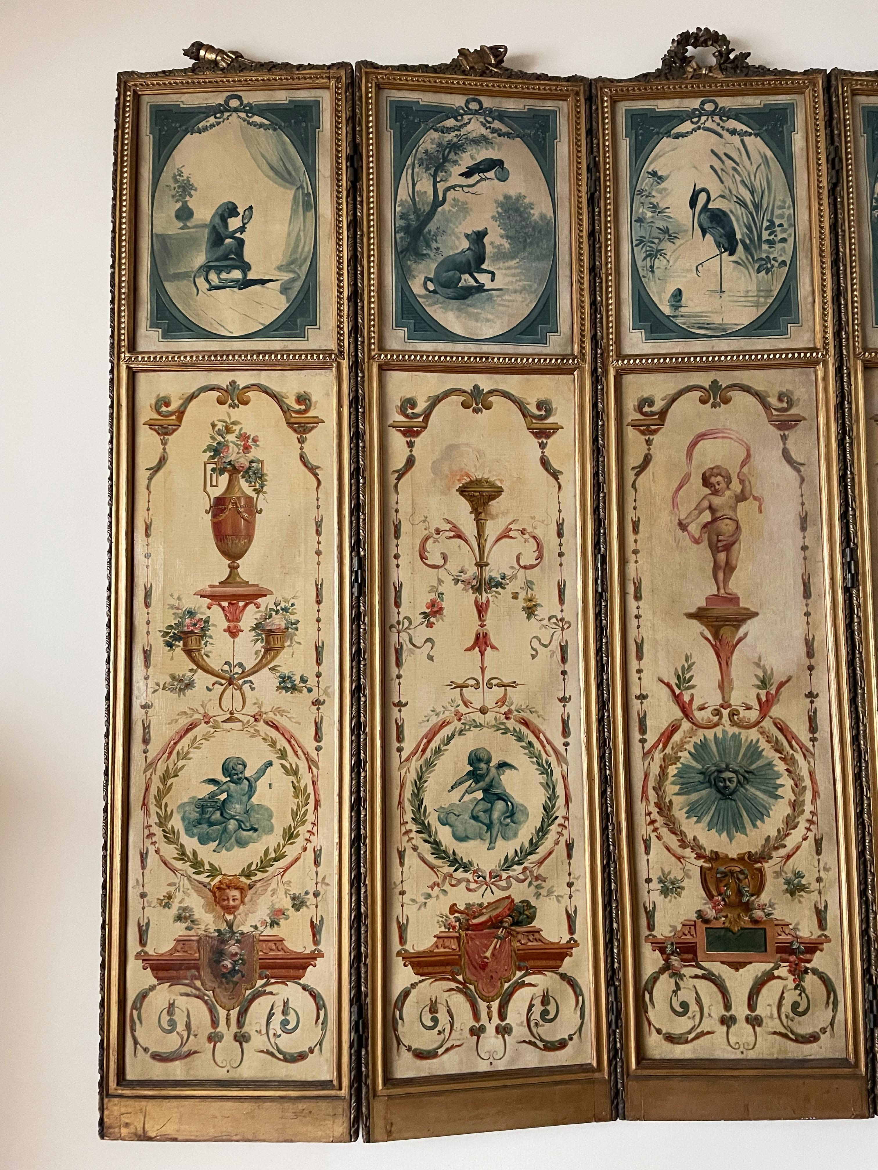 18th Century and Earlier 18th Century French Louis XVI Antique 5 Panels Hand Painted Screen from Duc Uzès For Sale
