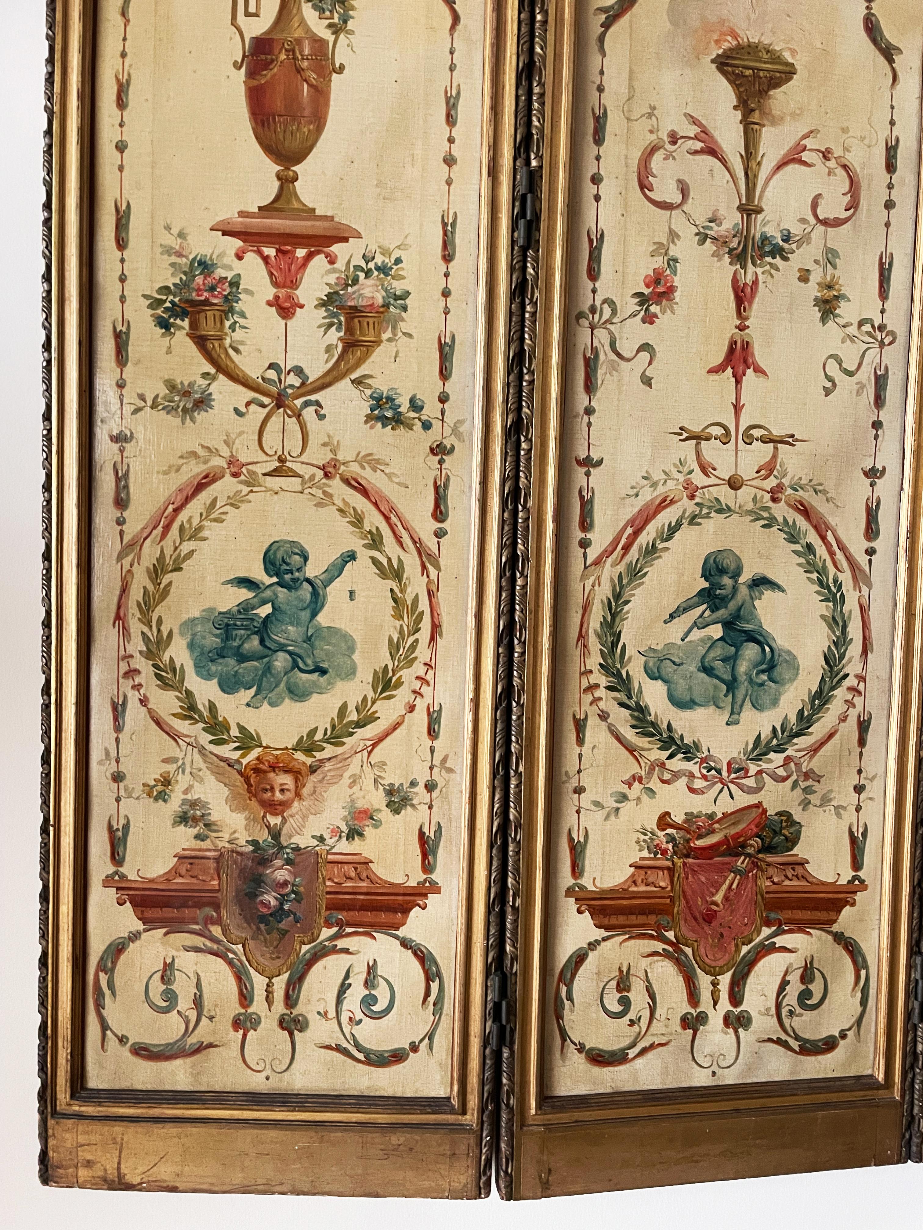 Canvas 18th Century French Louis XVI Antique 5 Panels Hand Painted Screen from Duc Uzès For Sale