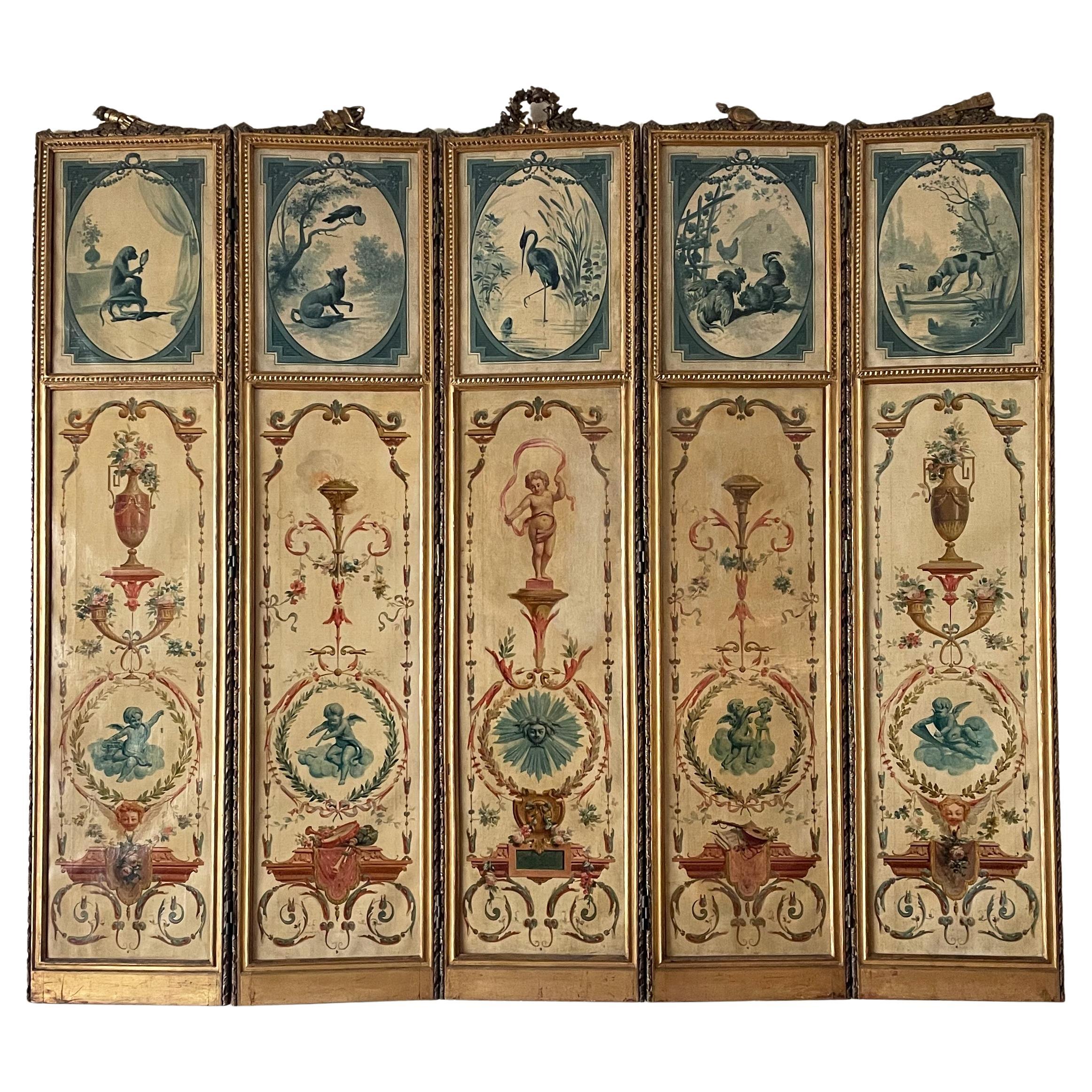 18th Century French Louis XVI Antique 5 Panels Hand Painted Screen from Duc Uzès