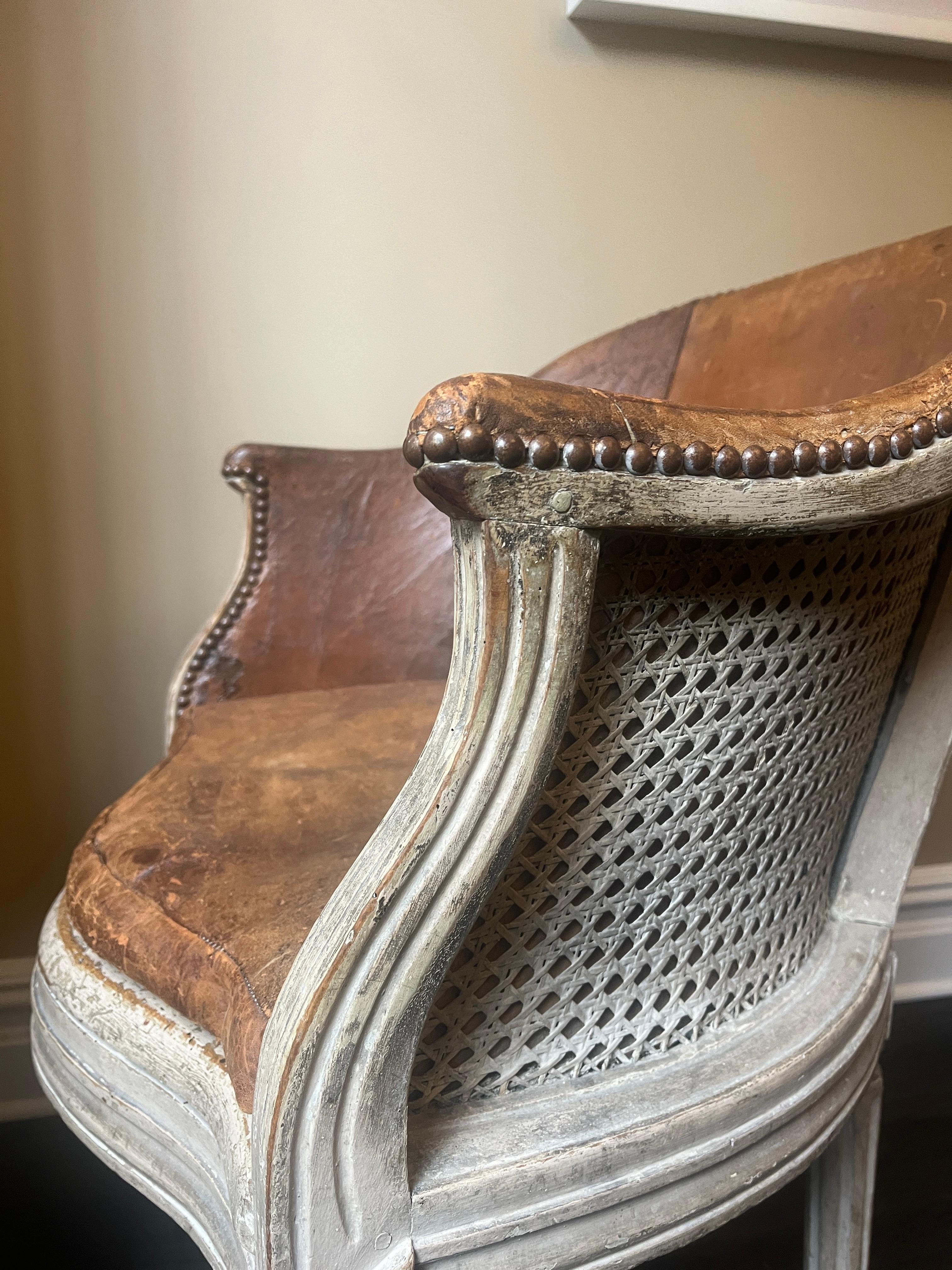 18th Century French Louis XVI Brown Leather Bergère Chair For Sale 6