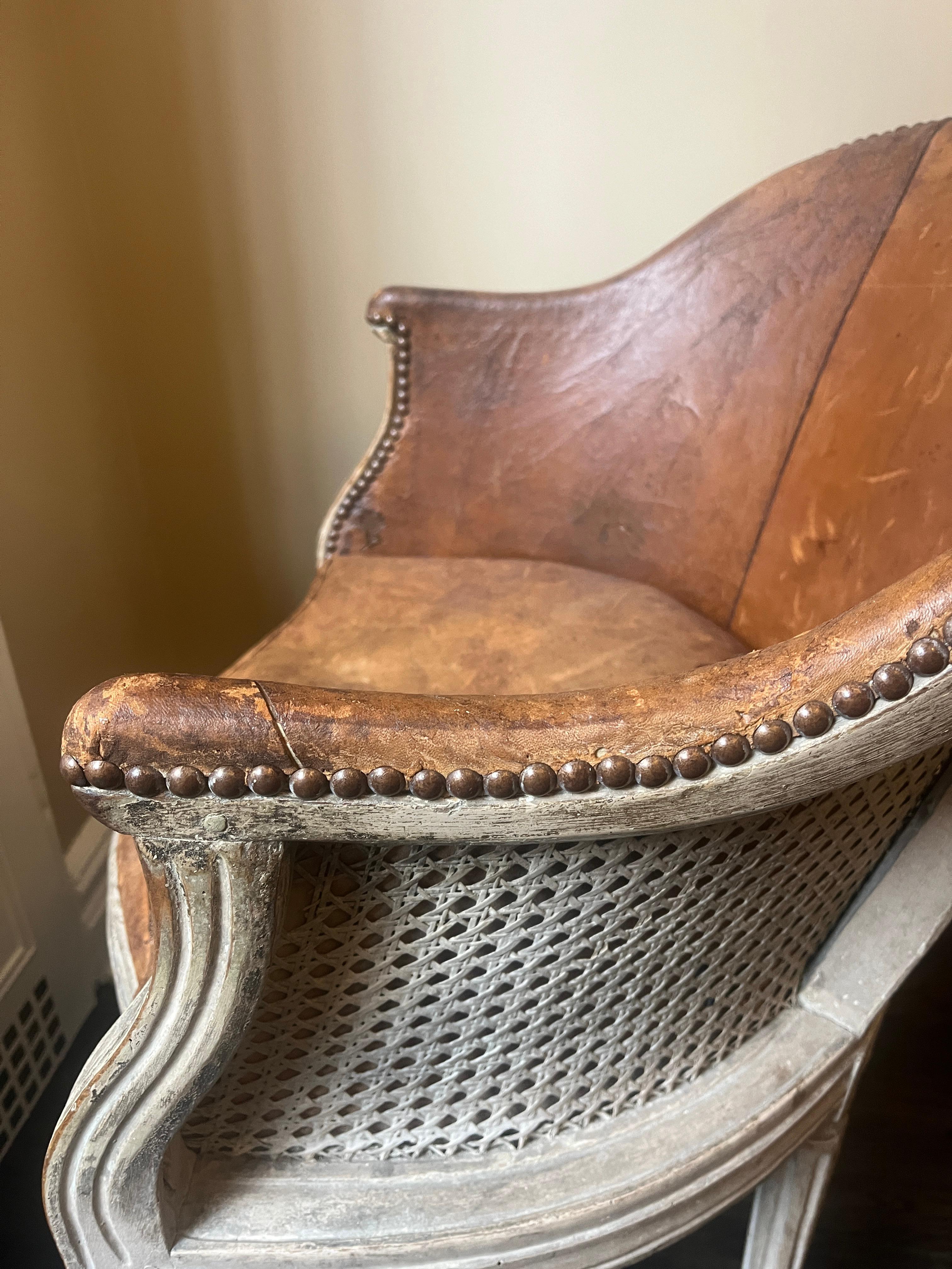 18th Century French Louis XVI Brown Leather Bergère Chair For Sale 7