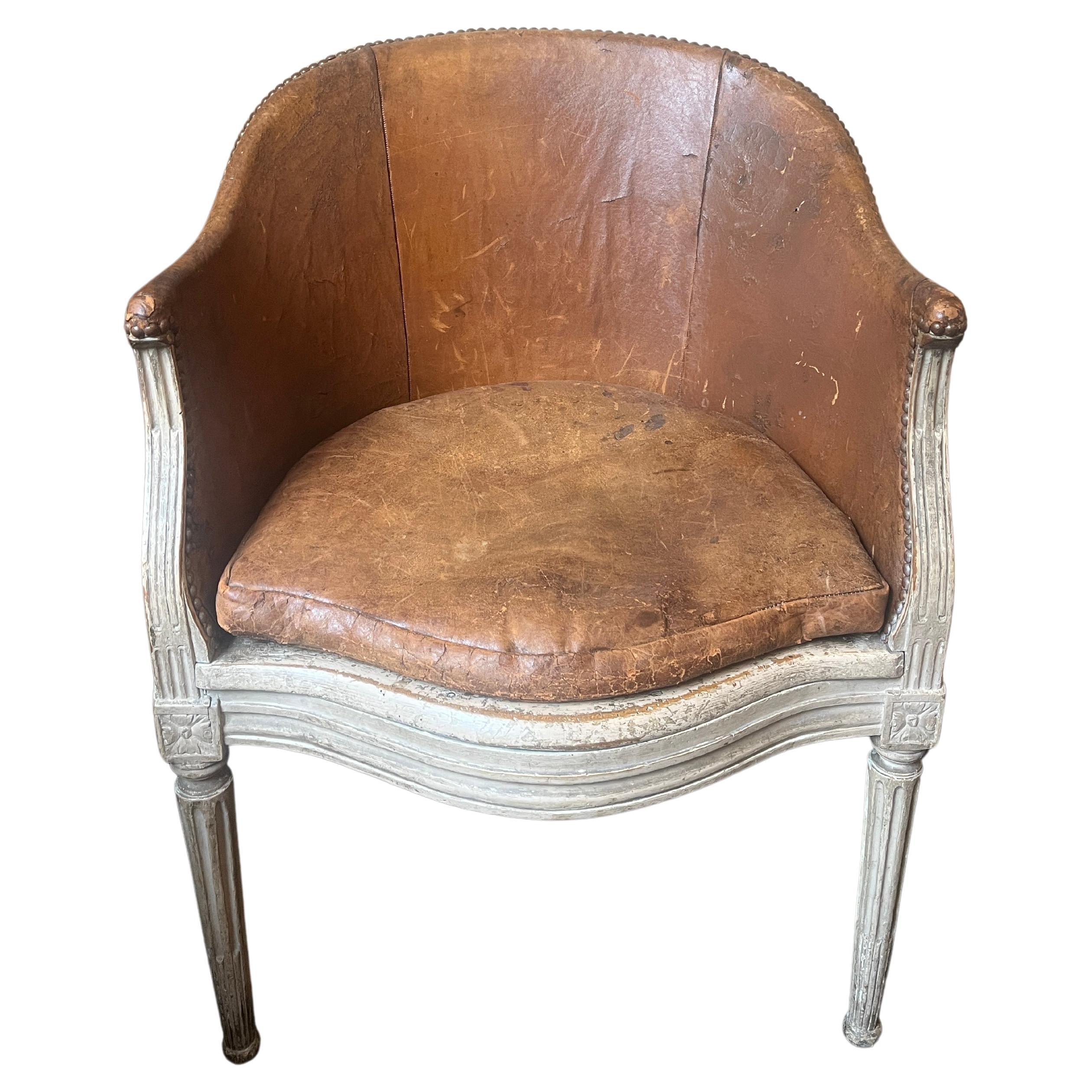 18th Century French Louis XVI Brown Leather Bergère Chair For Sale