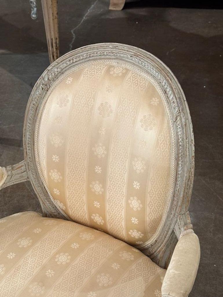 18th Century and Earlier 18th Century French Louis XVI Carved and Painted Armchair For Sale