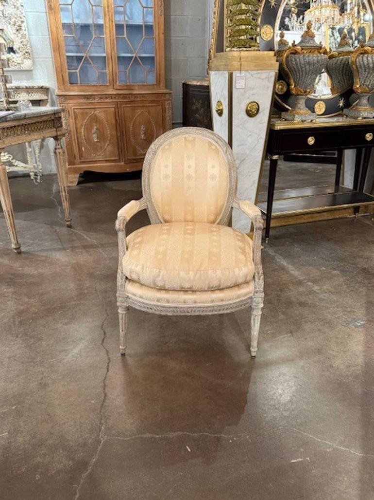 18th Century French Louis XVI Carved and Painted Armchair For Sale 2