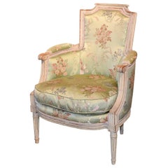 18th Century French Louis XVI Carved Bergere with Silk Upholstery