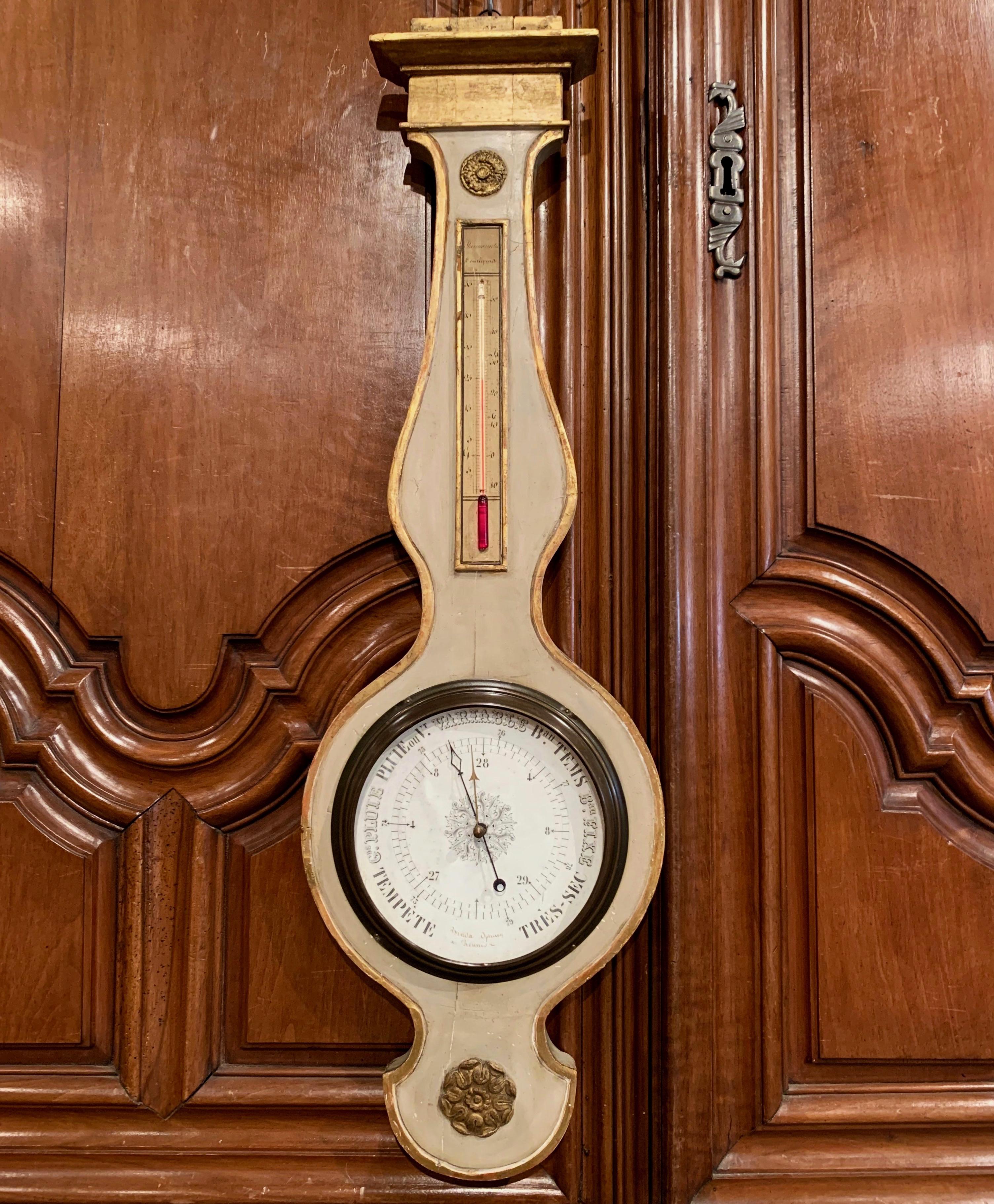 18th Century French Louis XVI Carved Giltwood and Painted Wall Barometer In Excellent Condition In Dallas, TX