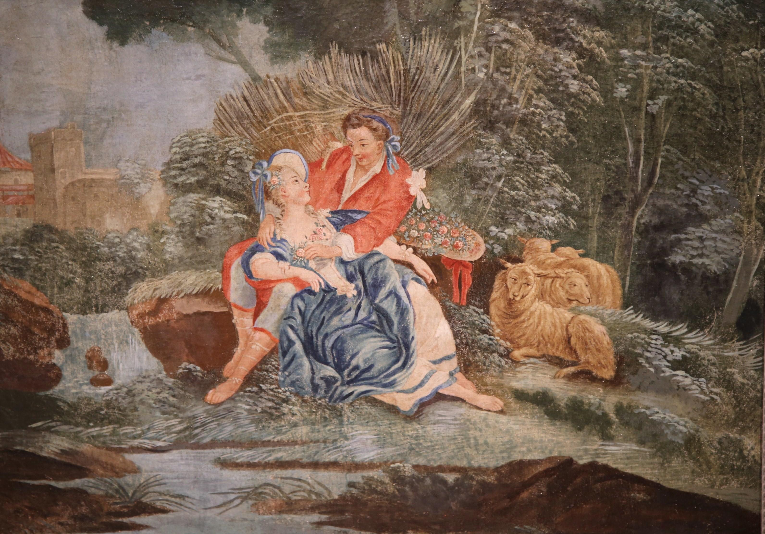 This elegant antique painting on canvas was created in France, circa 1760. The colorful composition features a romantic scene with a gentleman courting a woman in a park, and sheep and foliage in the background; the figures are dressed in