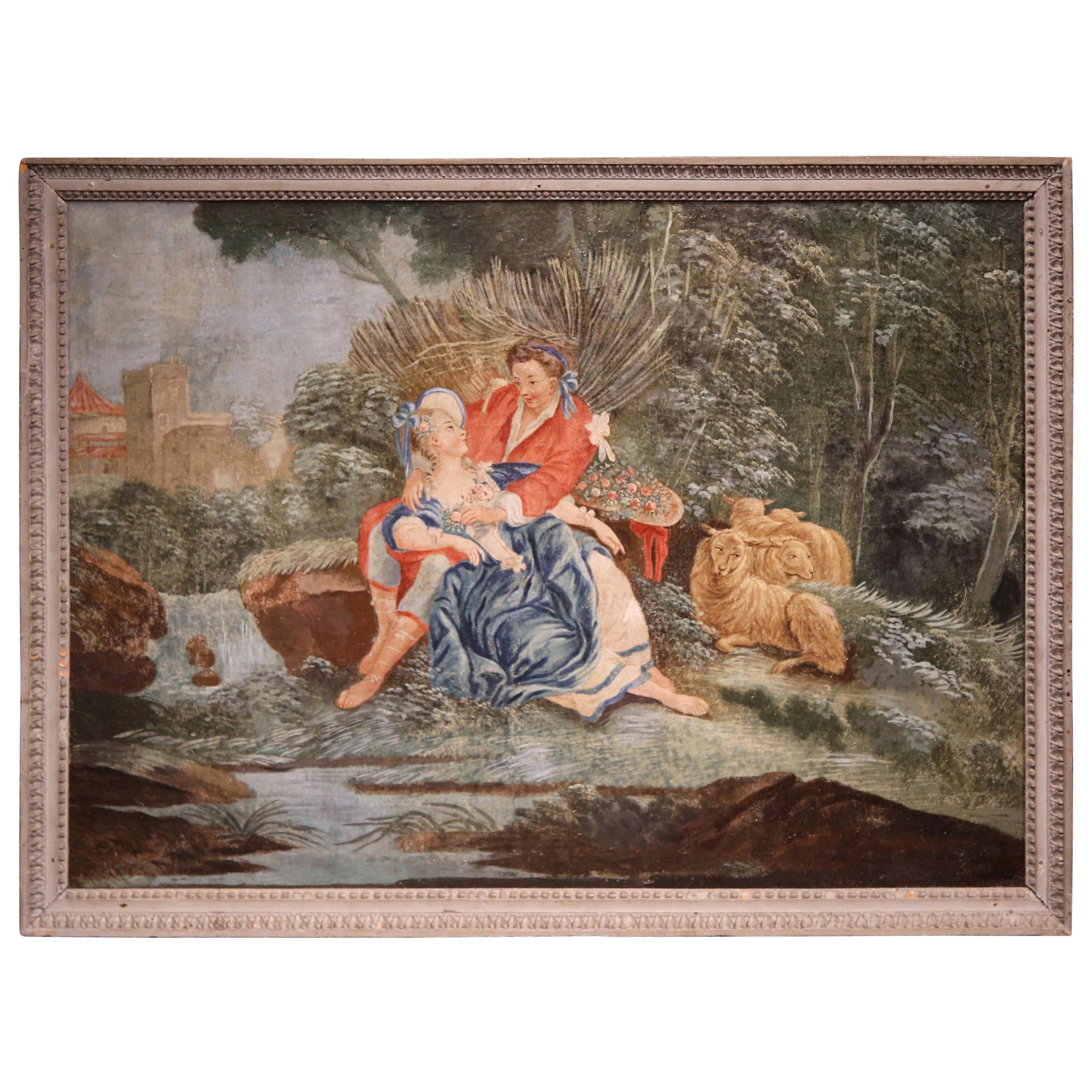 18th Century French Louis XVI Courting Scene Painting in Carved Painted Frame