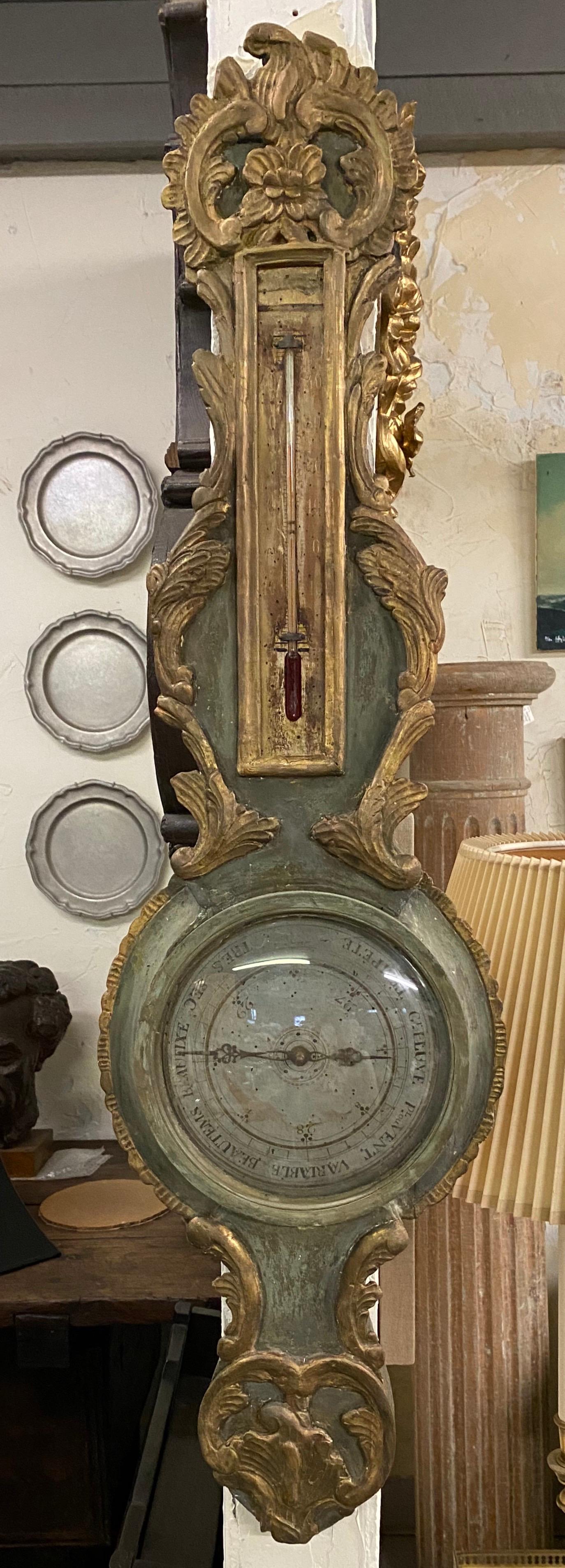 Hand-Painted 18th Century French Louis XVI Giltwood Barometer For Sale
