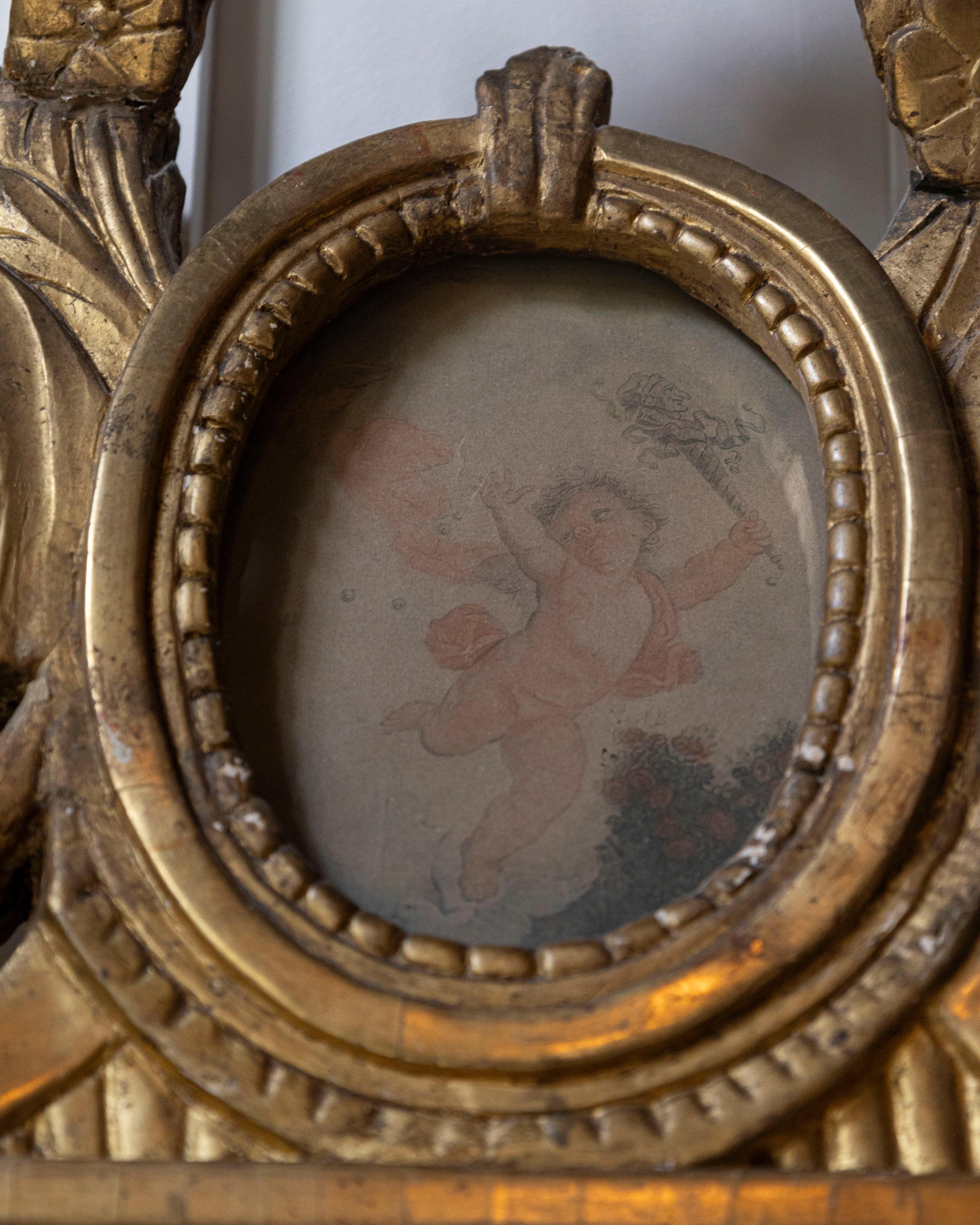 Specchio francese Luigi XVI del XVIII secolo in legno dorato con medaglione a cherubino in vendita 3