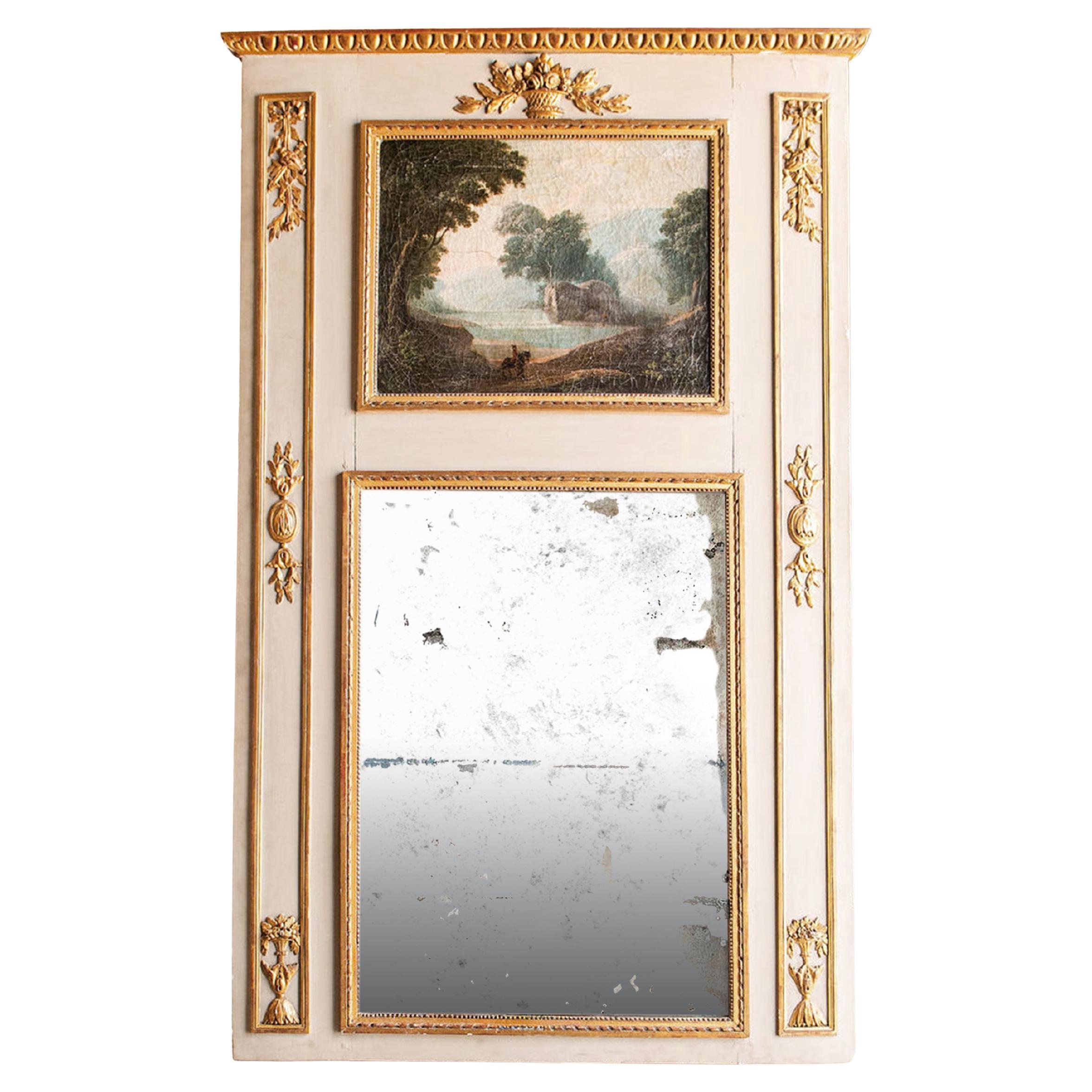 18th Century French Louis XVI Giltwood Painted Trumeau Mirror For Sale