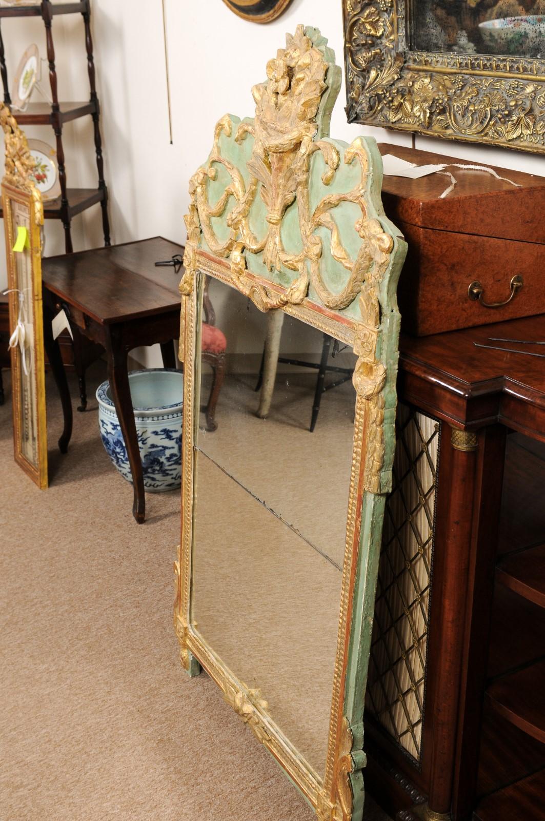 18th Century French Louis XVI Green Painted and Parcel Gilt Mirror For Sale 7