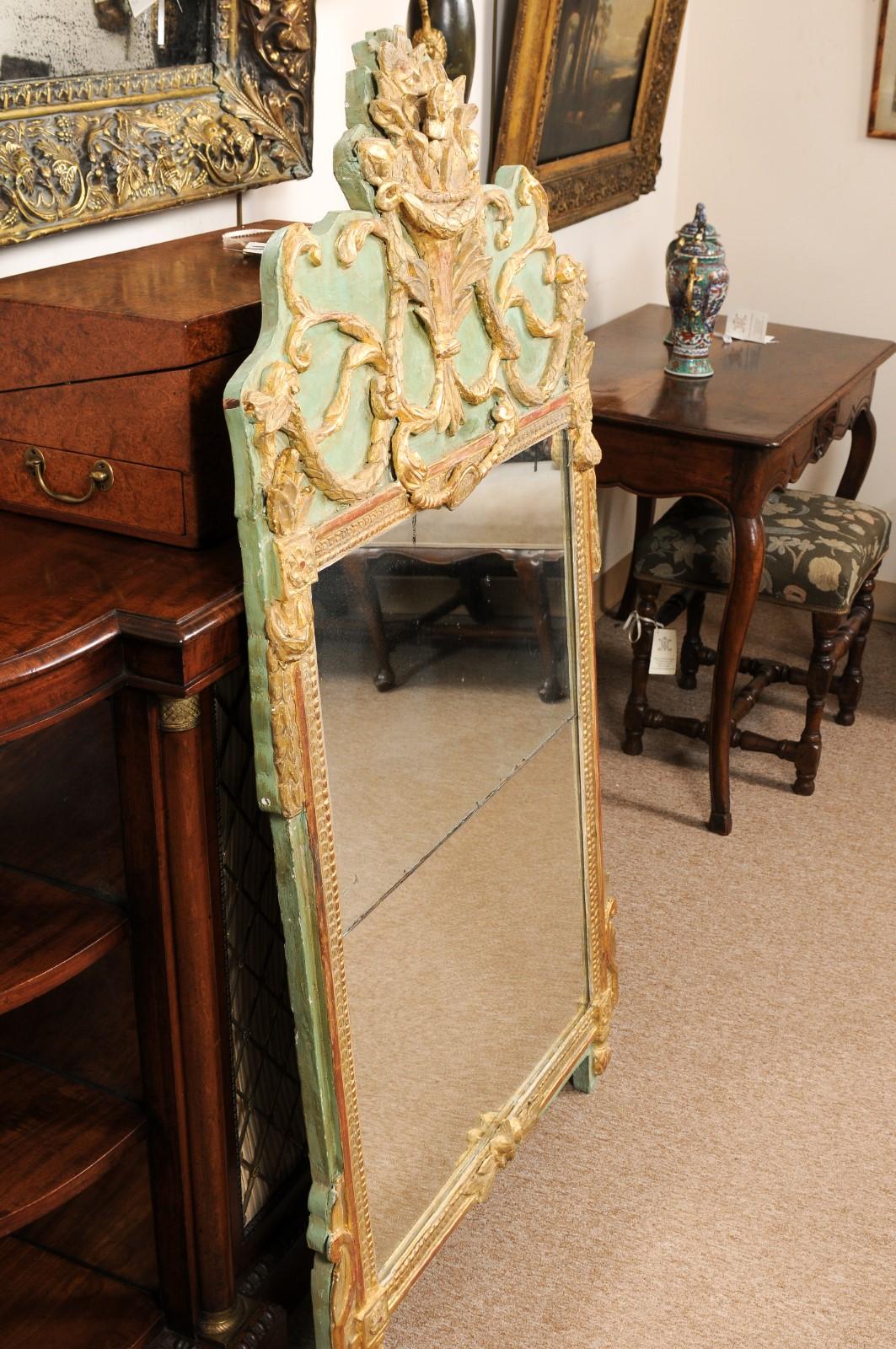 18th Century French Louis XVI Green Painted and Parcel Gilt Mirror For Sale 8