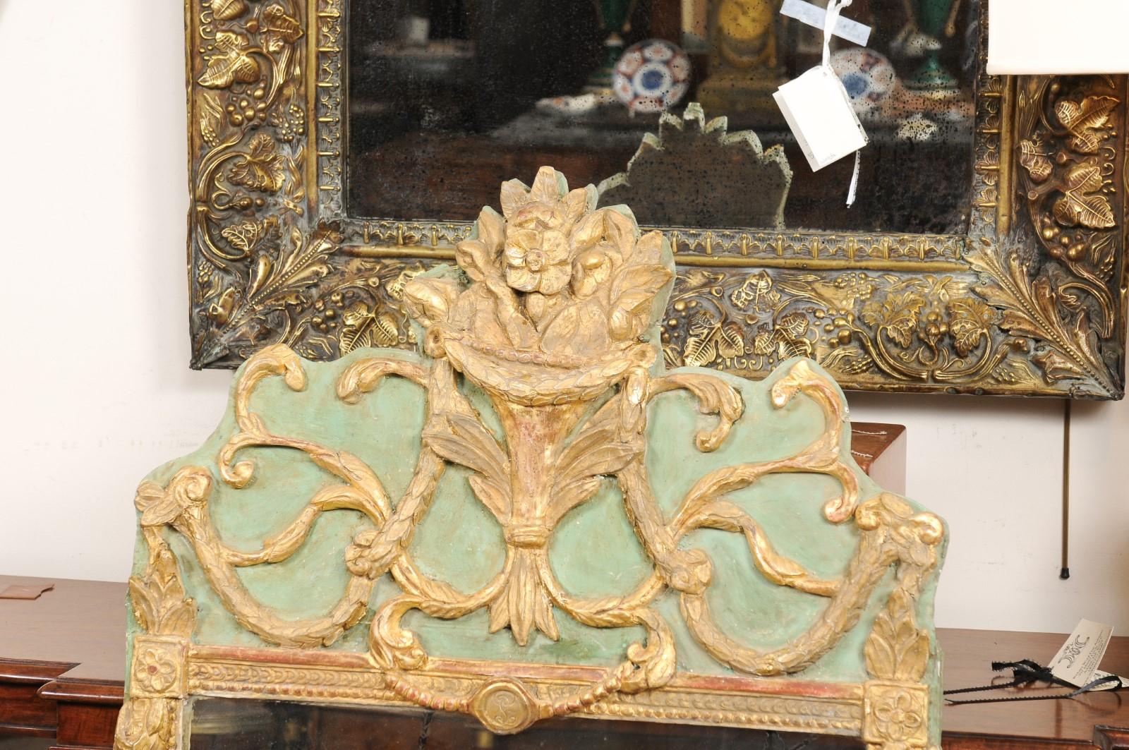 18th Century French Louis XVI Green Painted and Parcel Gilt Mirror For Sale 1