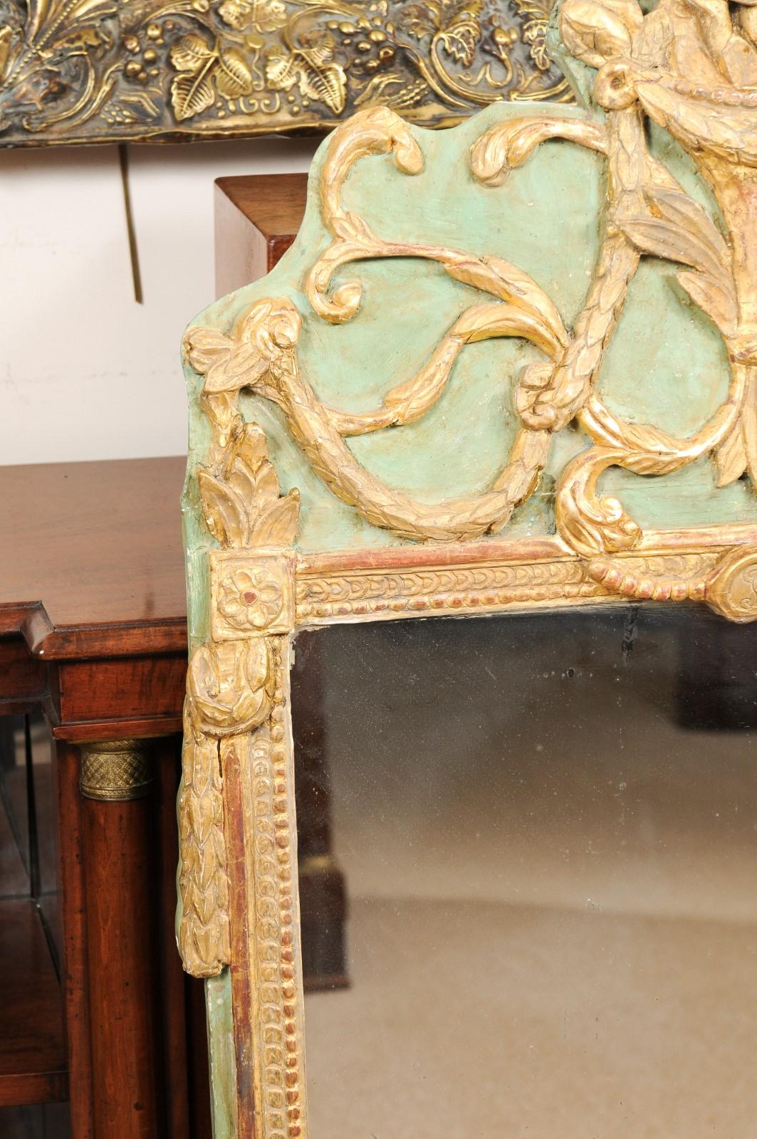 18th Century French Louis XVI Green Painted and Parcel Gilt Mirror For Sale 4