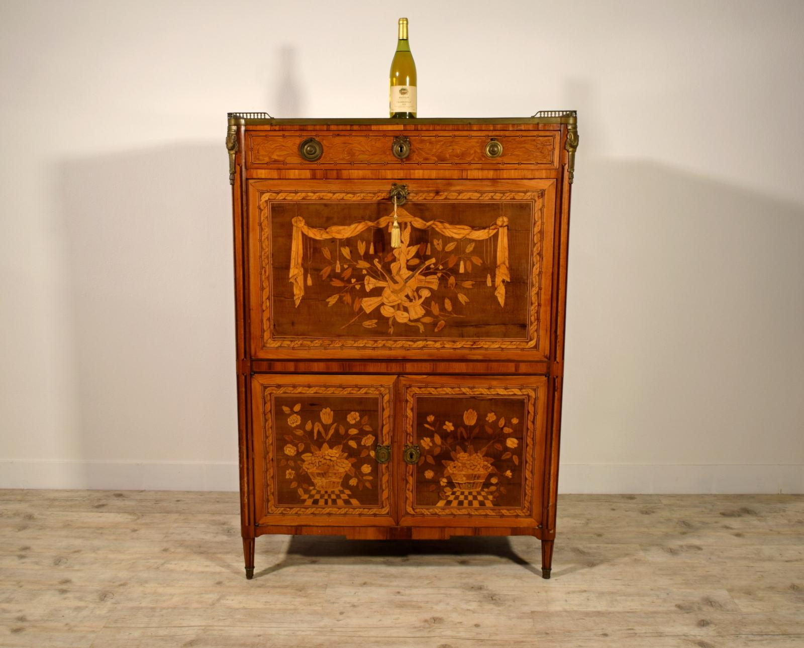 Bronze 18th Century, French Louis XVI Inlaid Wood Secretaire with Marble Top For Sale