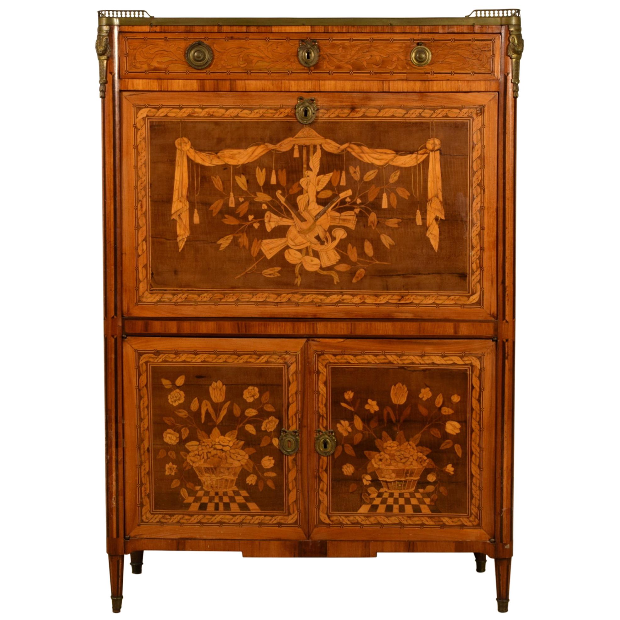 18th Century, French Louis XVI Inlaid Wood Secretaire with Marble Top