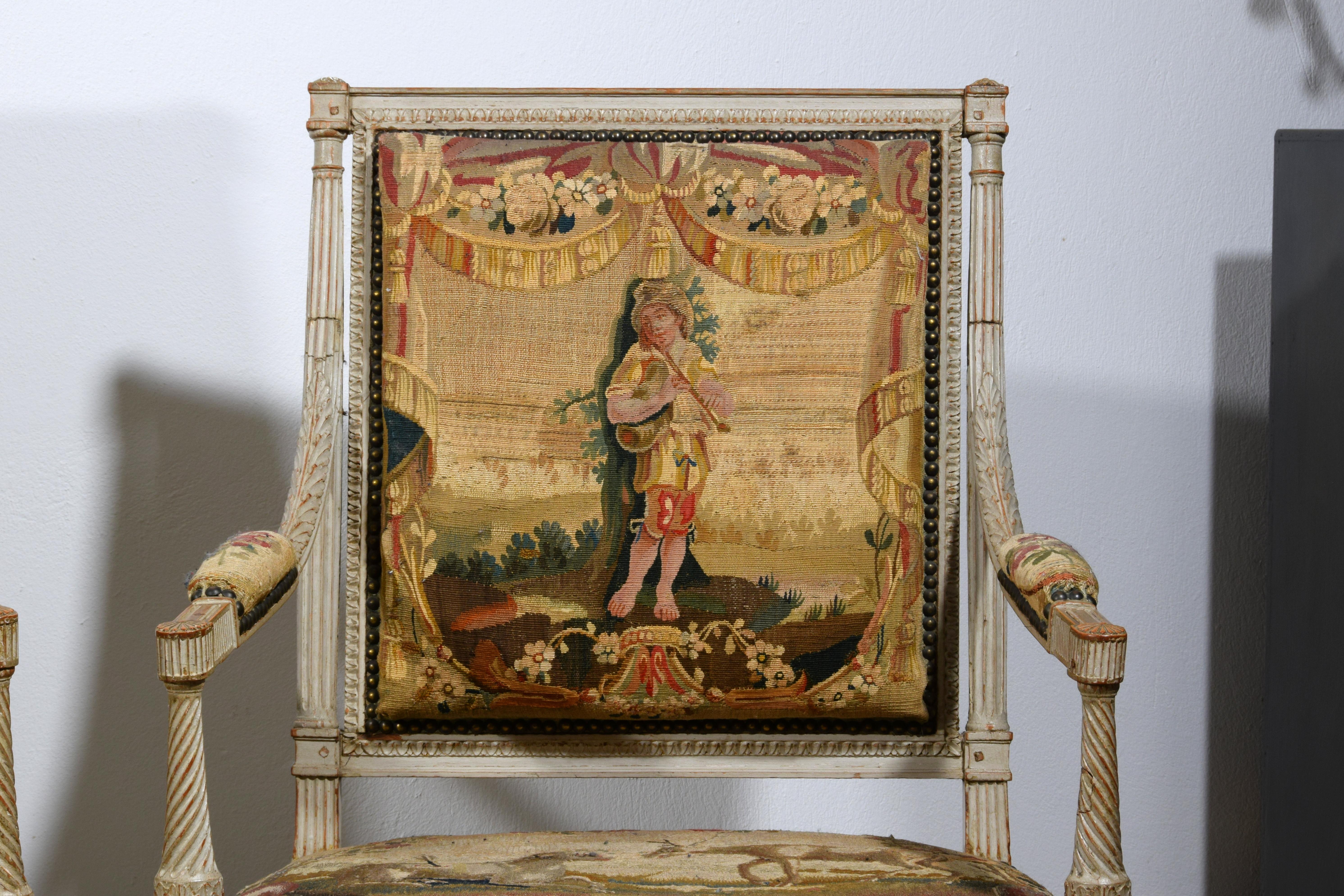 Meubles de sièges Louis XVI en bois laqué du 18ème siècle, tapisserie d'Aubusson en vente 6