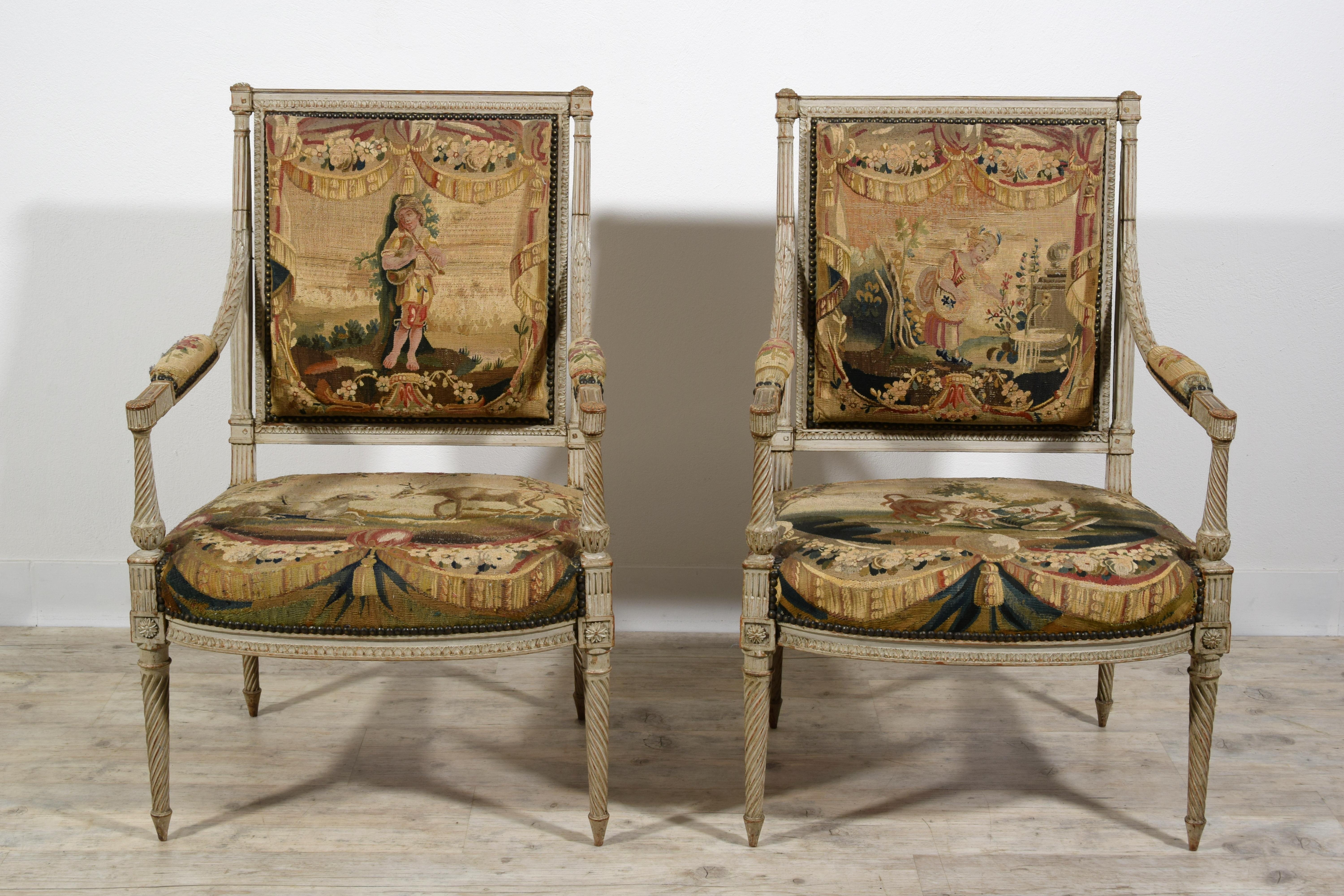 Meubles de sièges Louis XVI en bois laqué du 18ème siècle, tapisserie d'Aubusson en vente 7