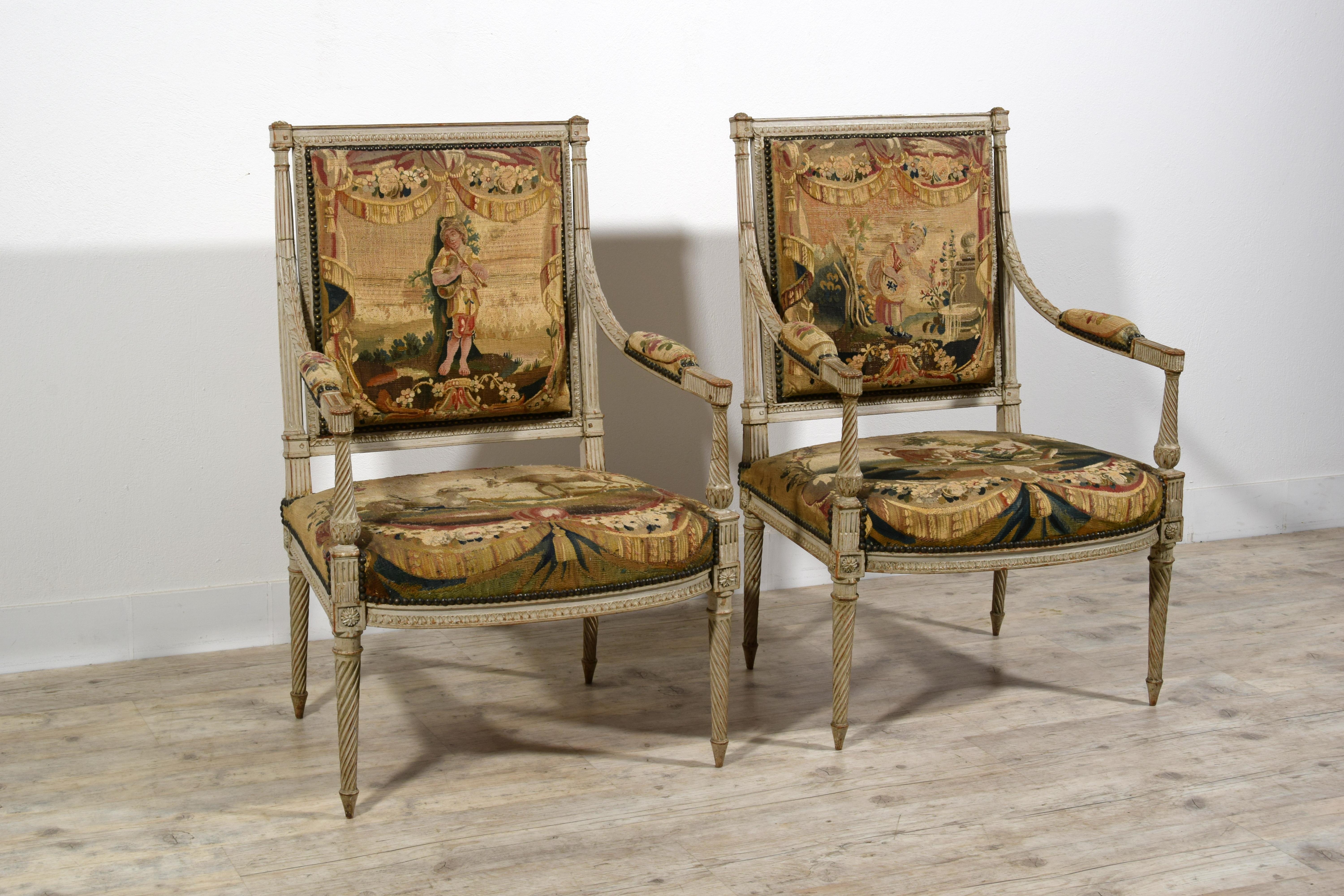 Meubles de sièges Louis XVI en bois laqué du 18ème siècle, tapisserie d'Aubusson en vente 8
