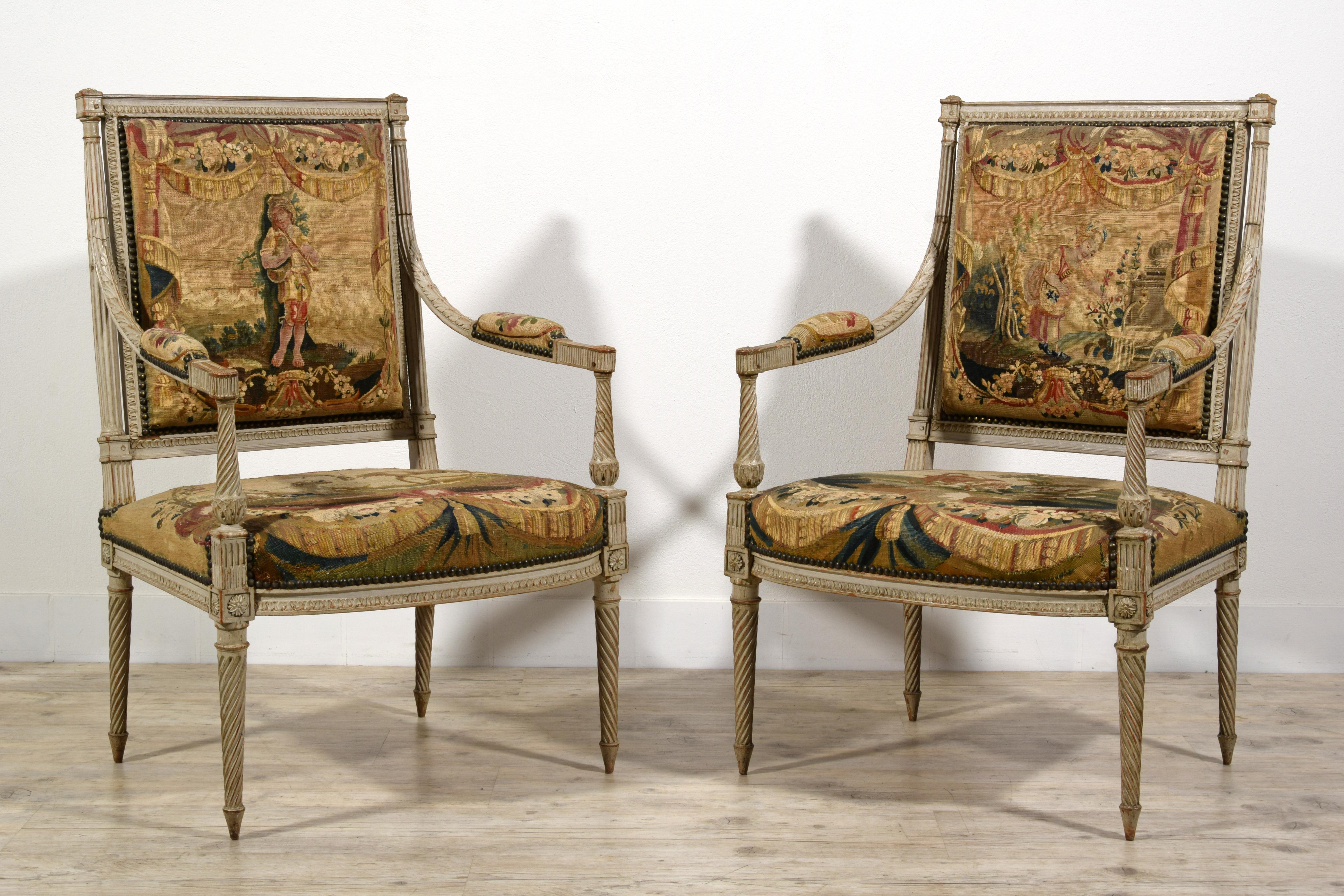 Meubles de sièges Louis XVI en bois laqué du 18ème siècle, tapisserie d'Aubusson en vente 9