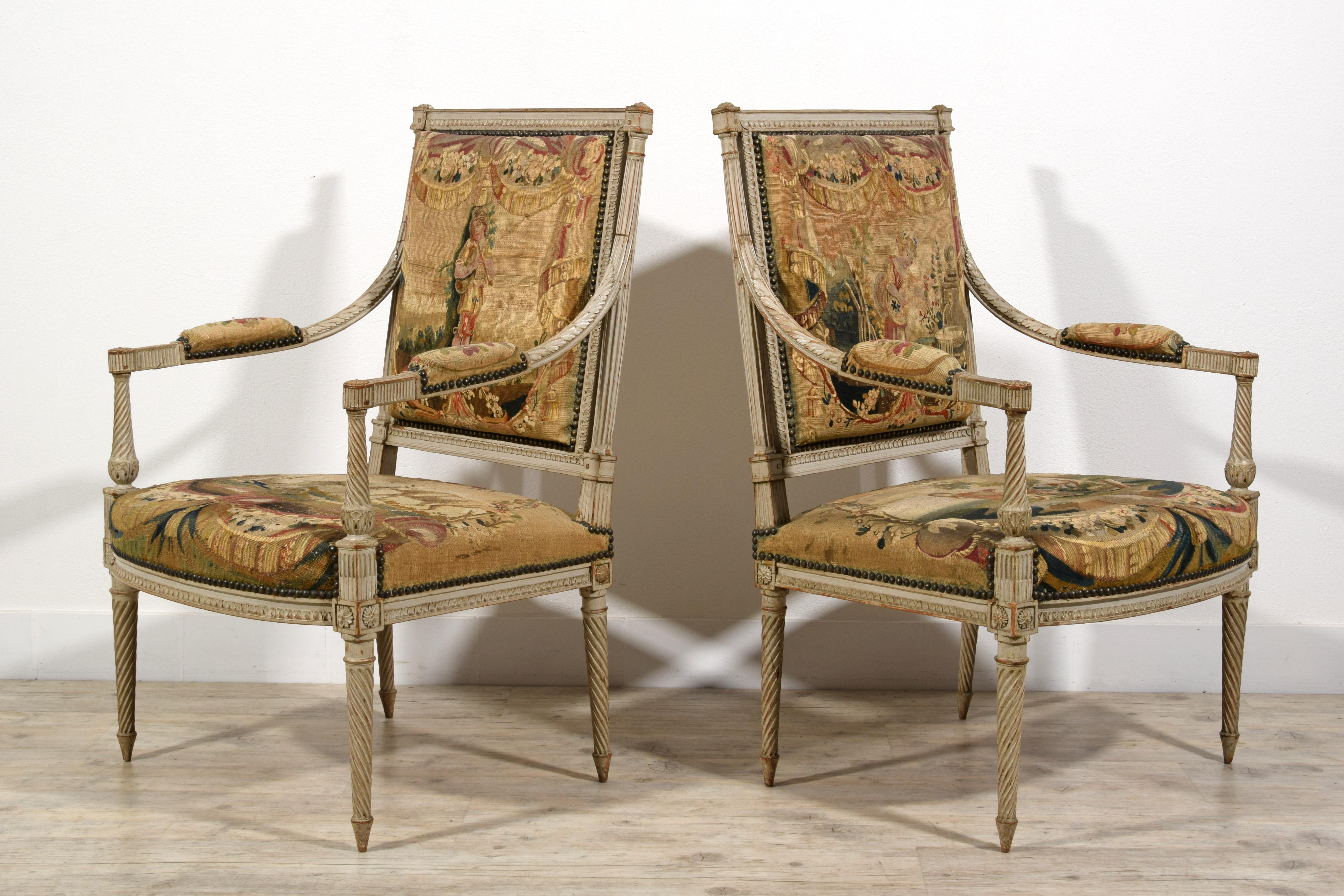 Meubles de sièges Louis XVI en bois laqué du 18ème siècle, tapisserie d'Aubusson en vente 10