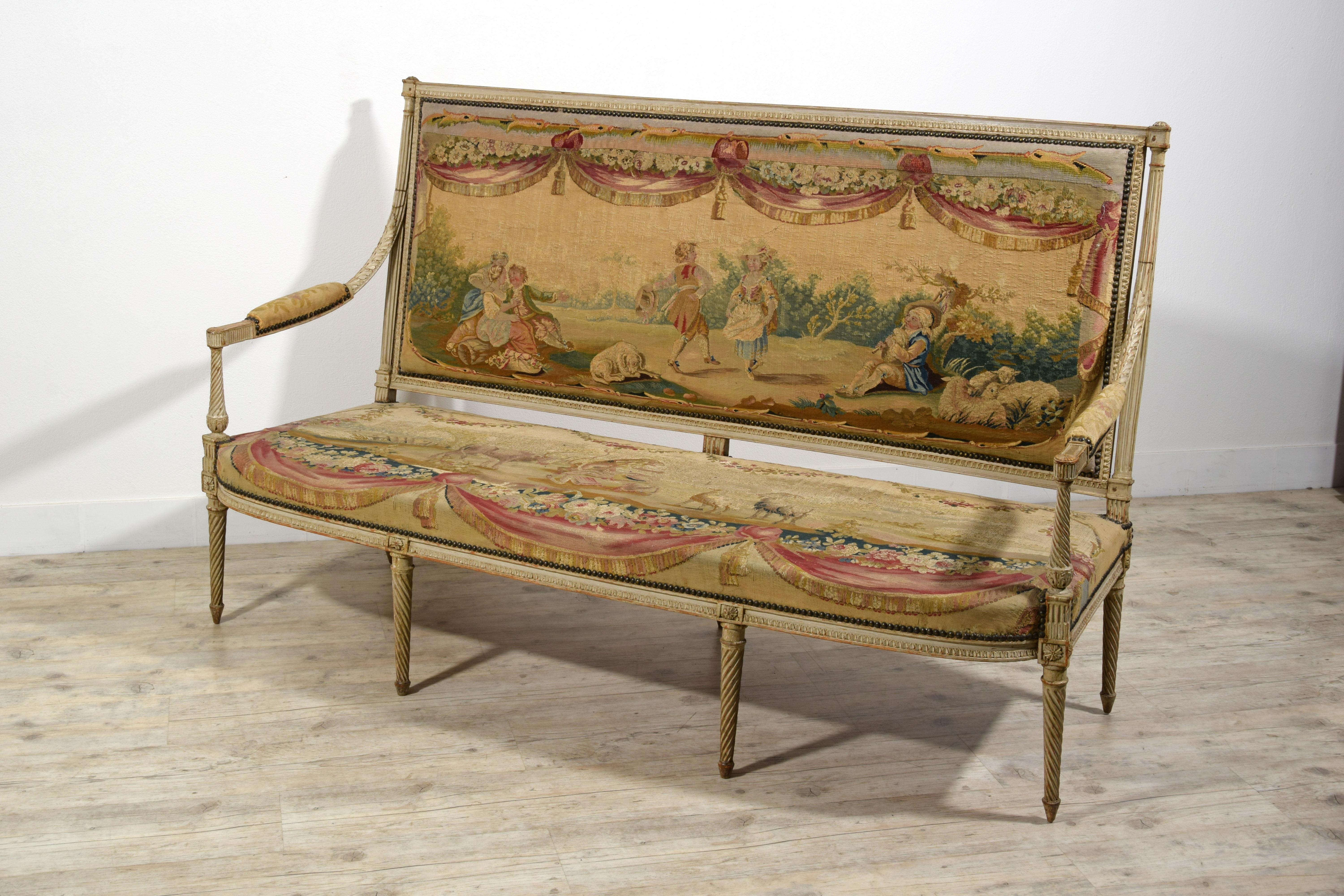 Meubles de sièges Louis XVI en bois laqué du 18ème siècle, tapisserie d'Aubusson en vente 12