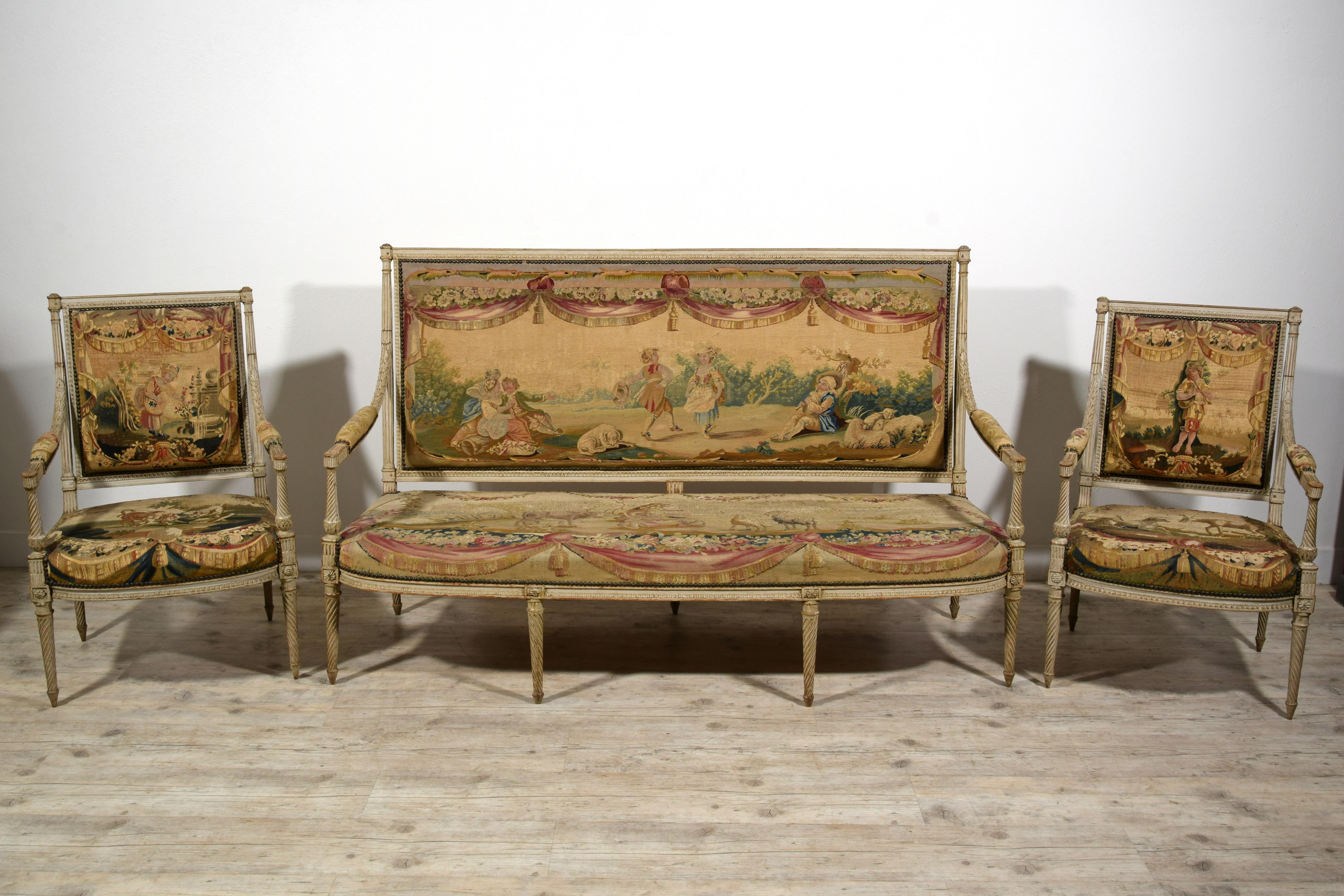 Meubles de sièges Louis XVI en bois laqué du 18ème siècle, tapisserie d'Aubusson en vente 13