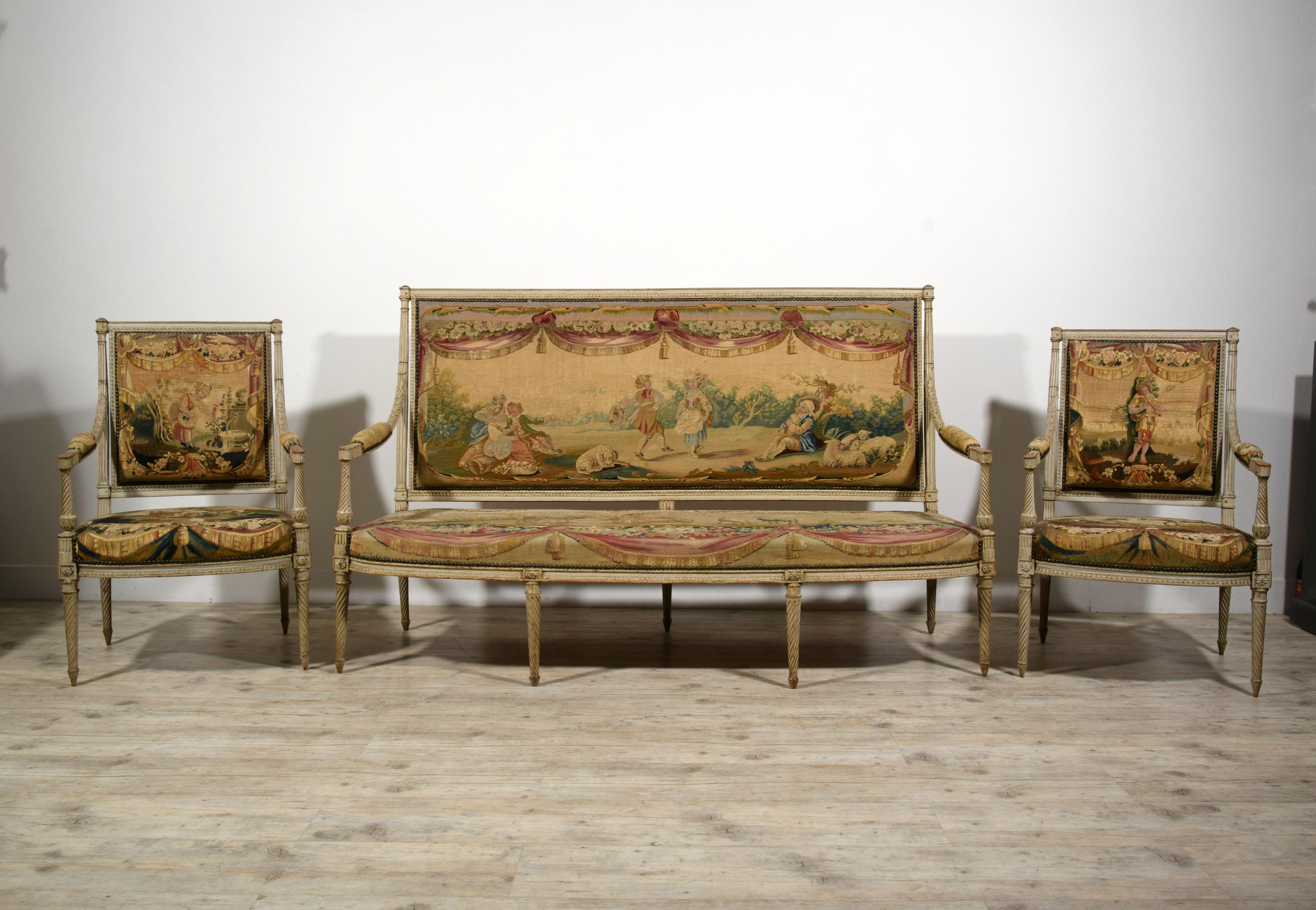 Meubles de sièges Louis XVI en bois laqué du 18ème siècle, tapisserie d'Aubusson en vente 14