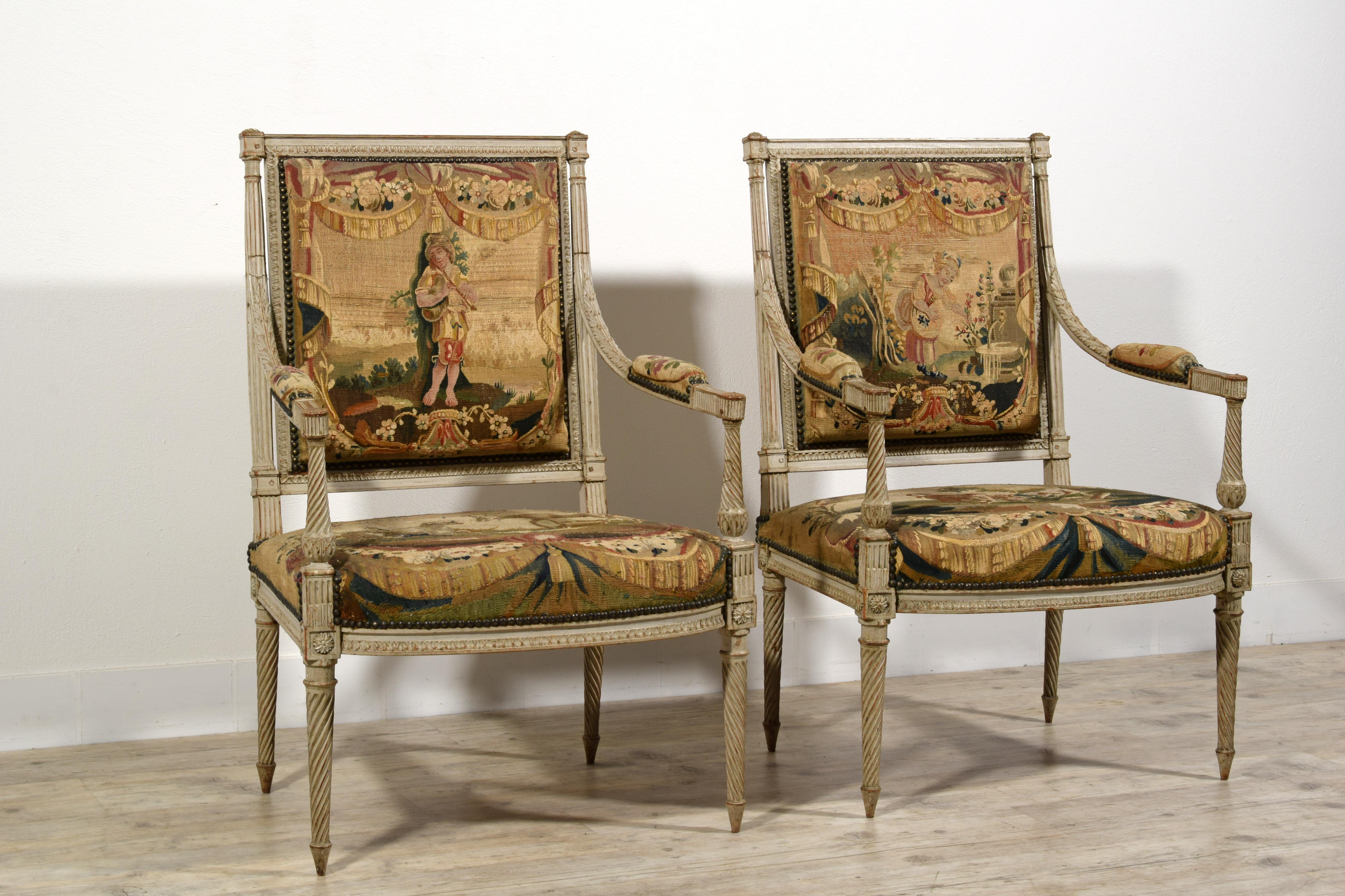 Sculpté à la main Meubles de sièges Louis XVI en bois laqué du 18ème siècle, tapisserie d'Aubusson en vente