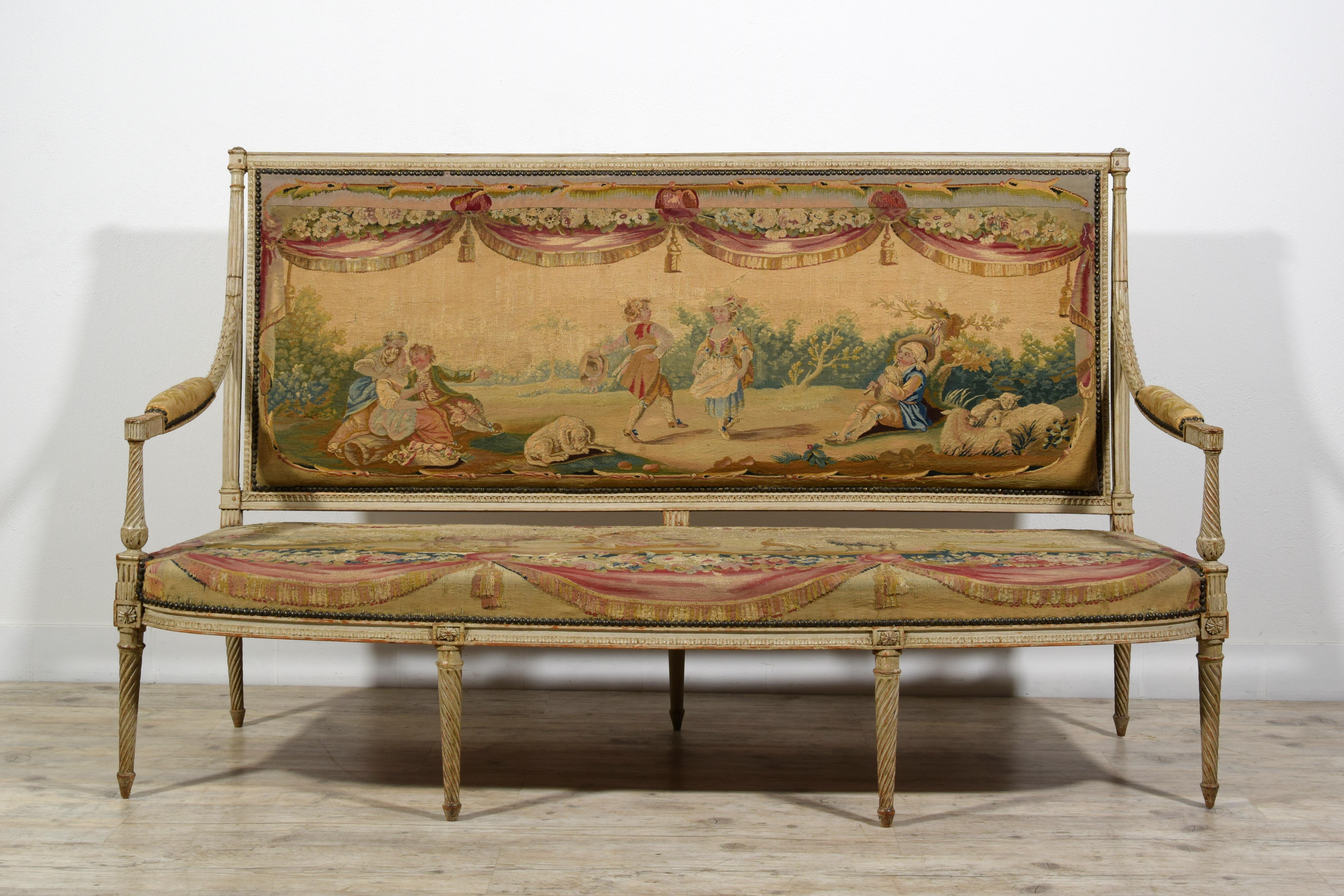 XVIIIe siècle Meubles de sièges Louis XVI en bois laqué du 18ème siècle, tapisserie d'Aubusson en vente