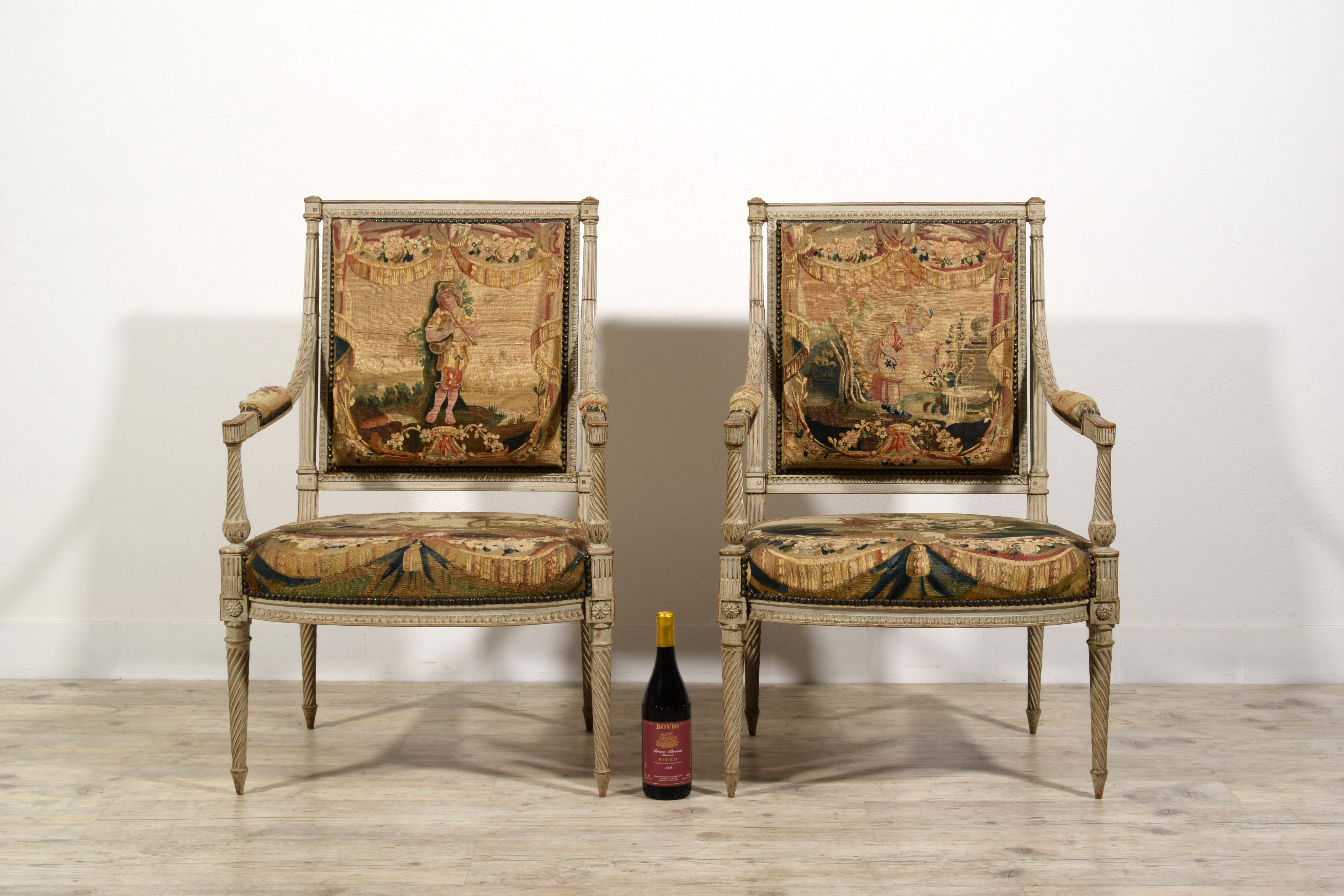 Tapisserie Meubles de sièges Louis XVI en bois laqué du 18ème siècle, tapisserie d'Aubusson en vente