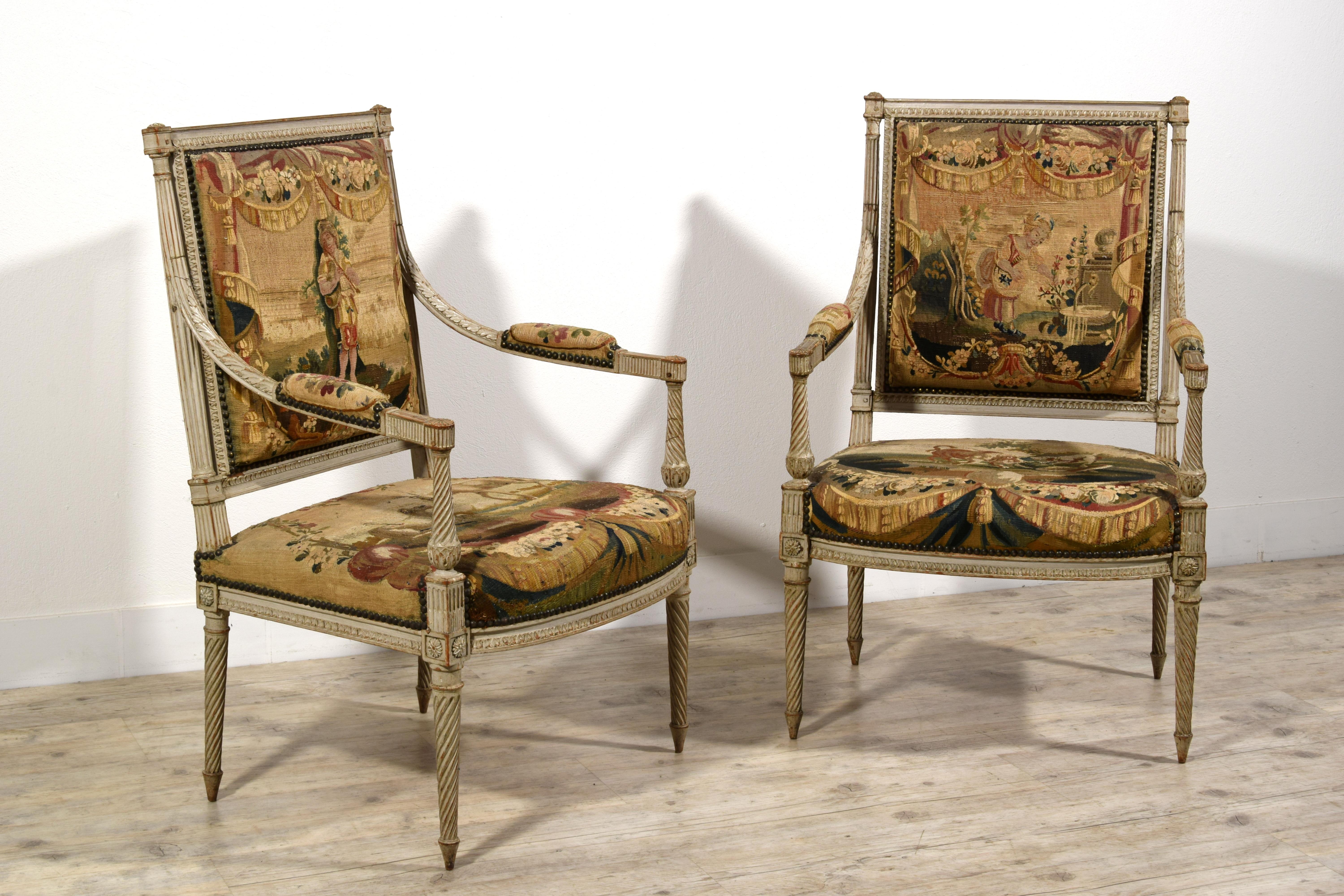 Meubles de sièges Louis XVI en bois laqué du 18ème siècle, tapisserie d'Aubusson en vente 2