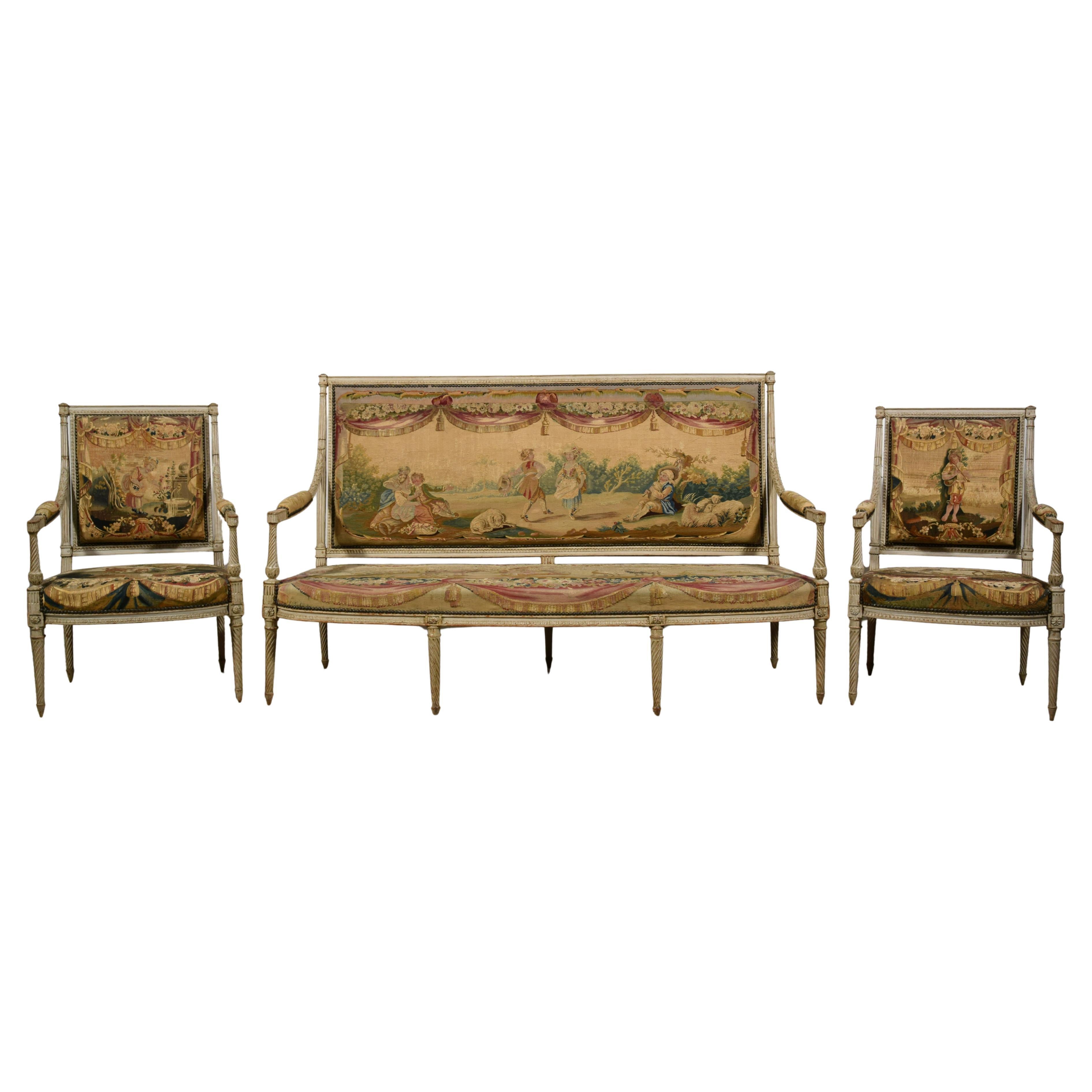 18th Century, French Louis XVI Lacquered Wood Seat Furniture, Aubusson Tapestry
