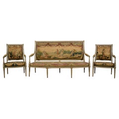 18th Century, French Louis XVI Lacquered Wood Seat Furniture, Aubusson Tapestry