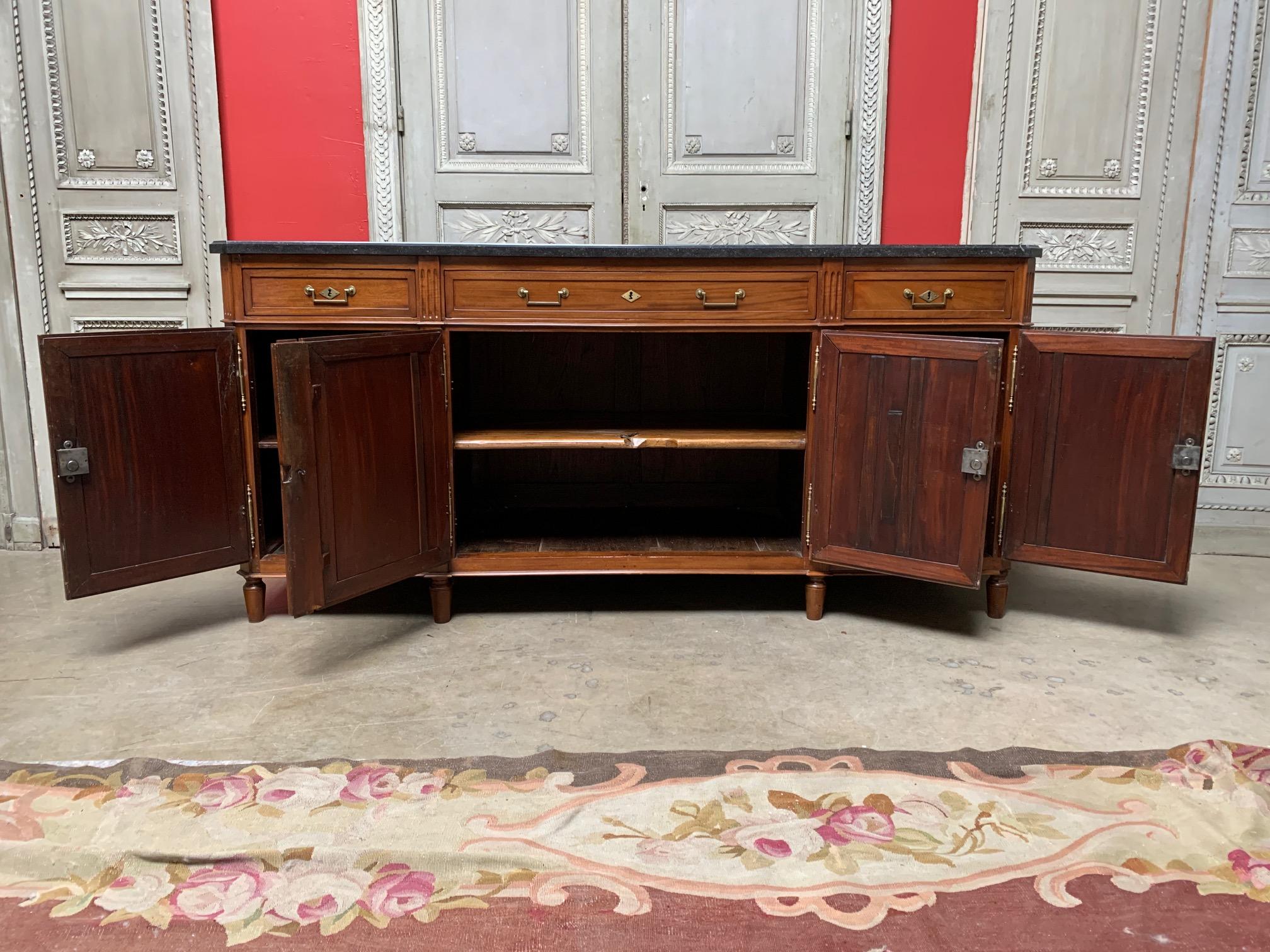 Carved 18th Century French Louis XVI Mahogany Buffet with Bronze Fittings