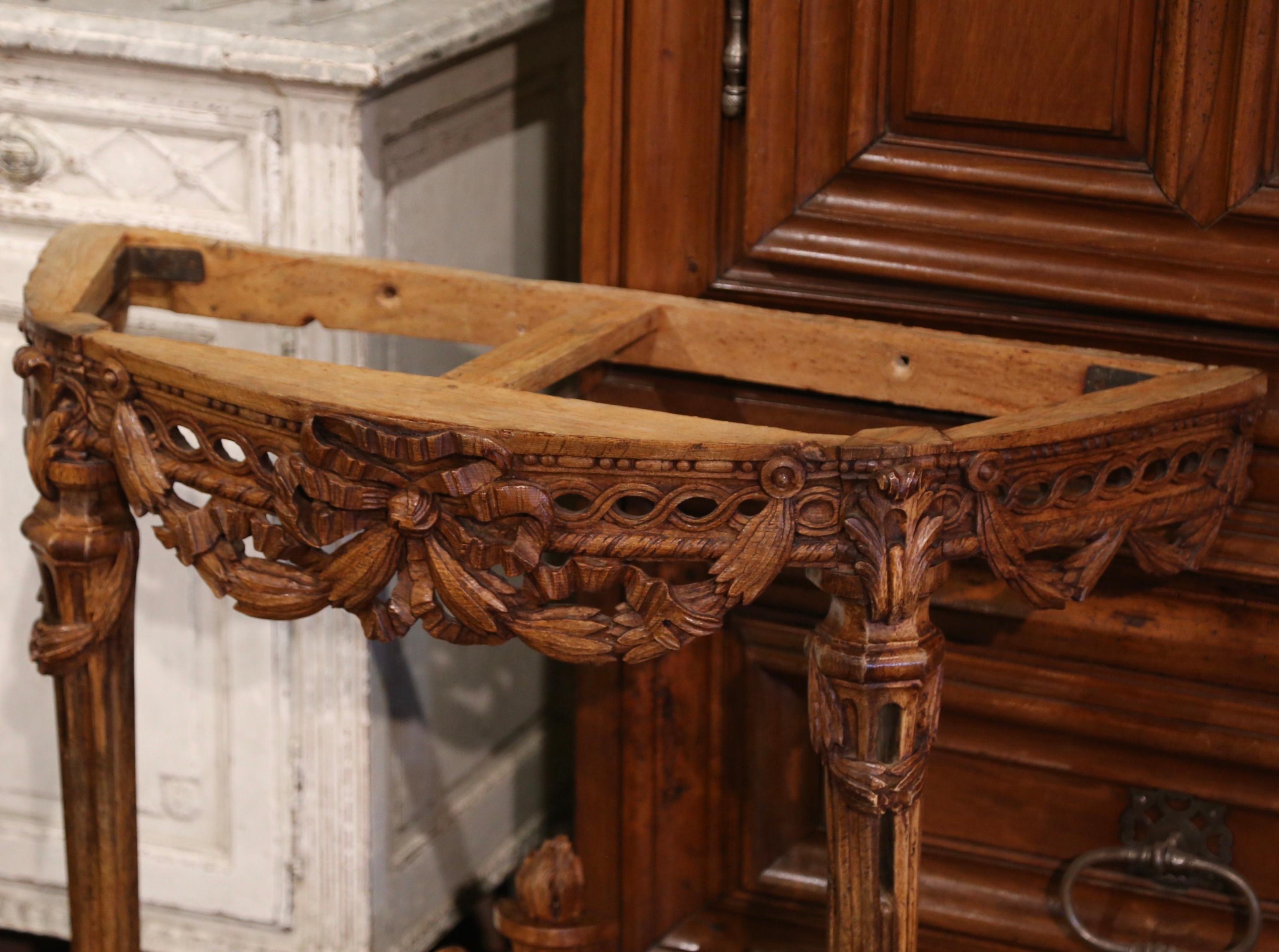 18th Century French Louis XVI Marble Top Carved Oak Demilune Console Table  7