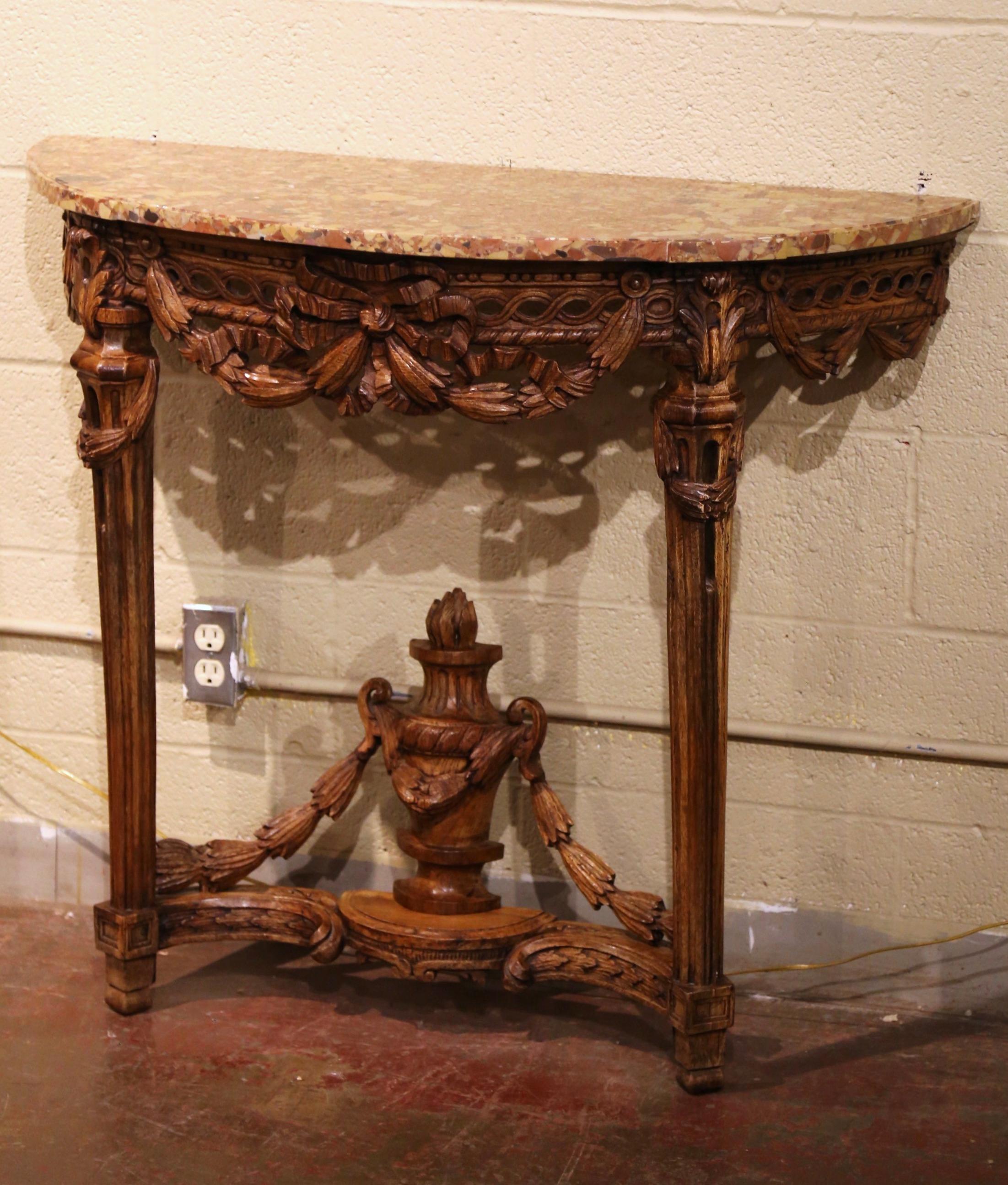 Hand-Carved 18th Century French Louis XVI Marble Top Carved Oak Demilune Console Table 