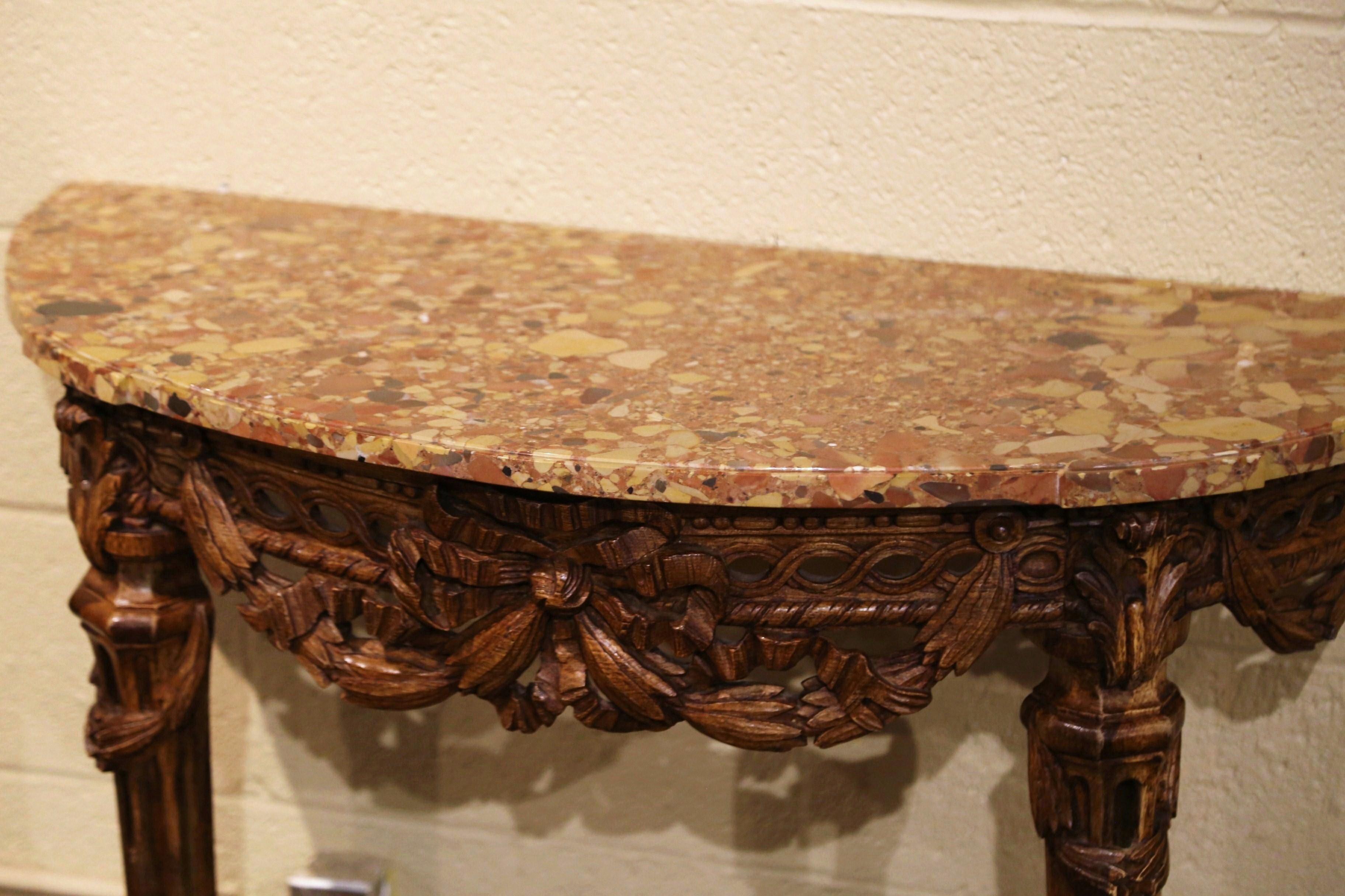 18th Century French Louis XVI Marble Top Carved Oak Demilune Console Table  In Excellent Condition In Dallas, TX