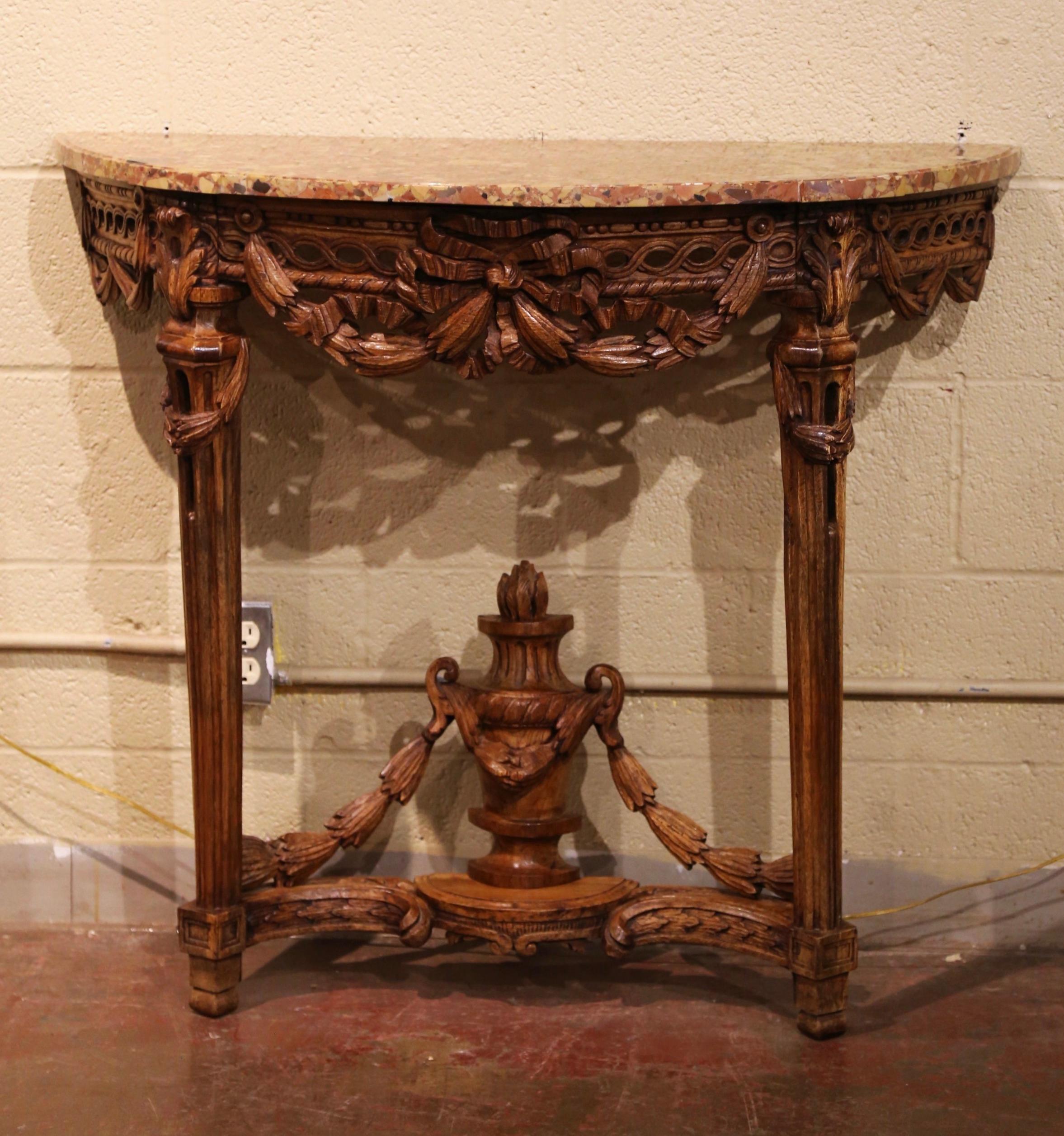 18th Century French Louis XVI Marble Top Carved Oak Demilune Console Table  1