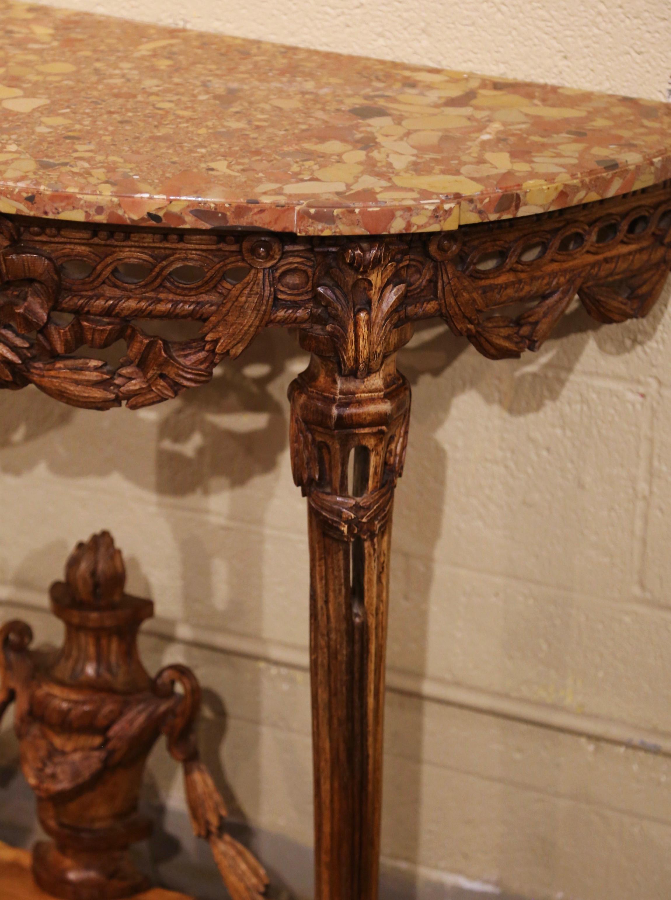 18th Century French Louis XVI Marble Top Carved Oak Demilune Console Table  2