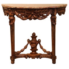 18th Century French Louis XVI Marble Top Carved Oak Demilune Console Table
