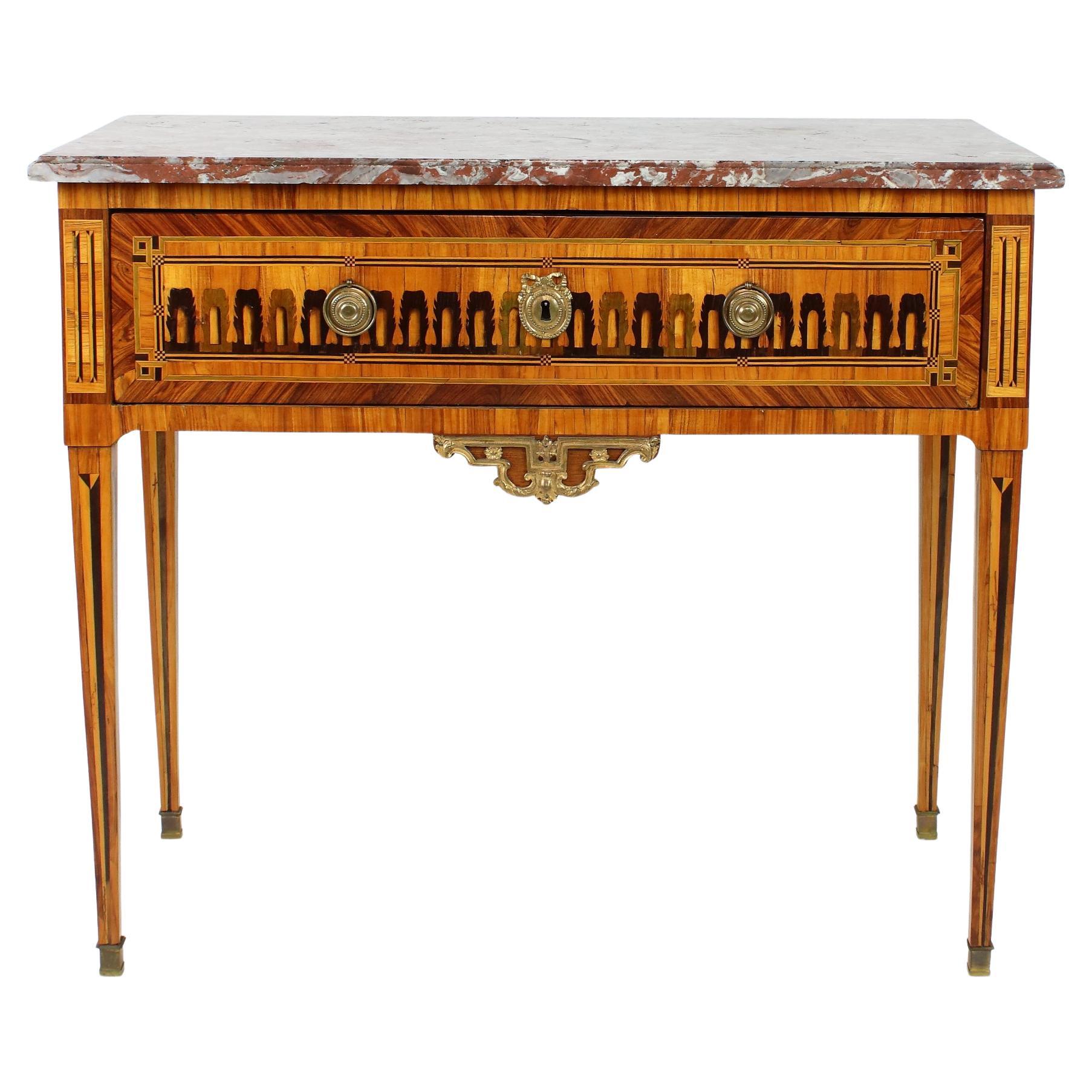 Table console néoclassique Louis XVI en marqueterie du XVIIIe siècle français