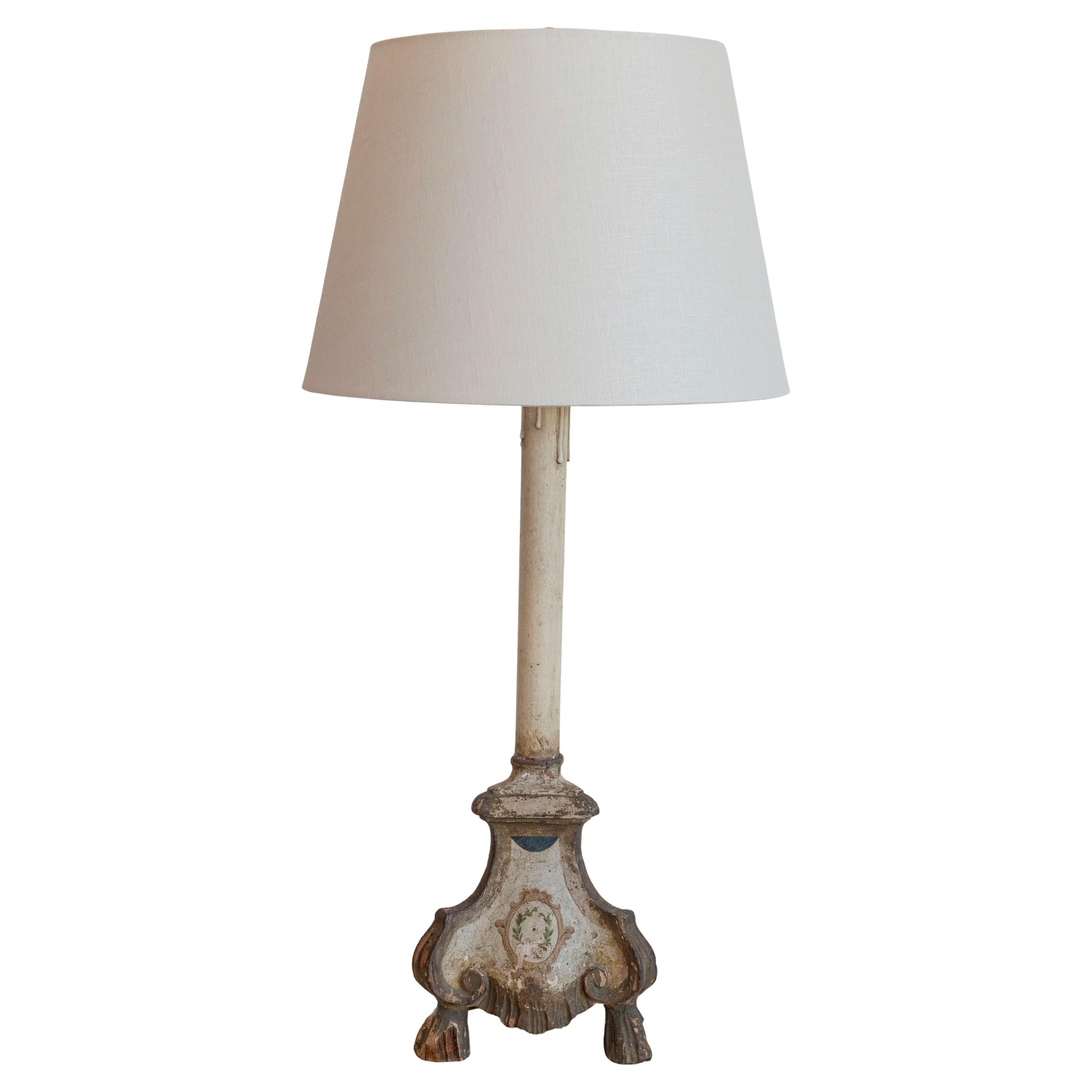 18th-Century French Louis XVI Painted and Giltwood Altar Candlestick Lamp
