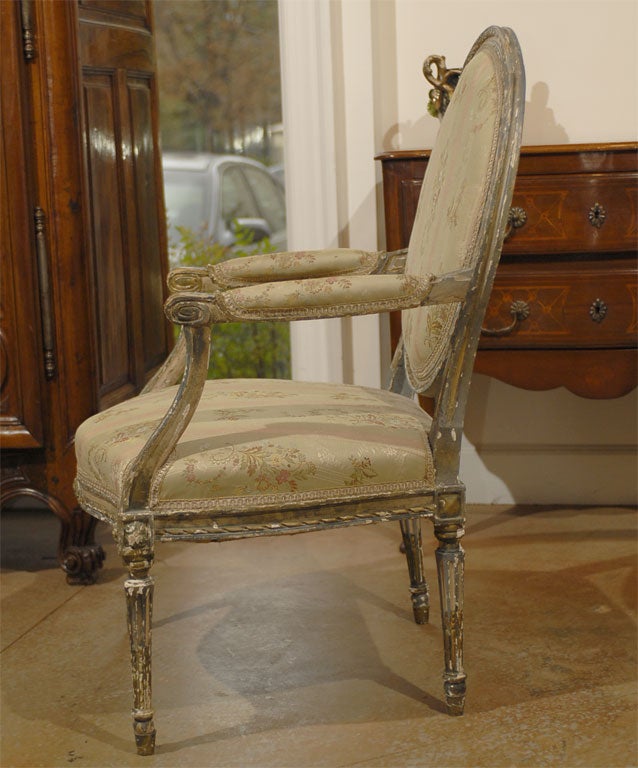 French Louis XVI Period Late 18th Century Painted and Carved Wooden Fauteuil In Good Condition In Atlanta, GA
