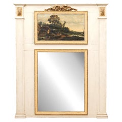 Espejo trumeau francés del siglo XVIII, estilo Luis XVI, pintado y dorado, con un óleo sobre lienzo