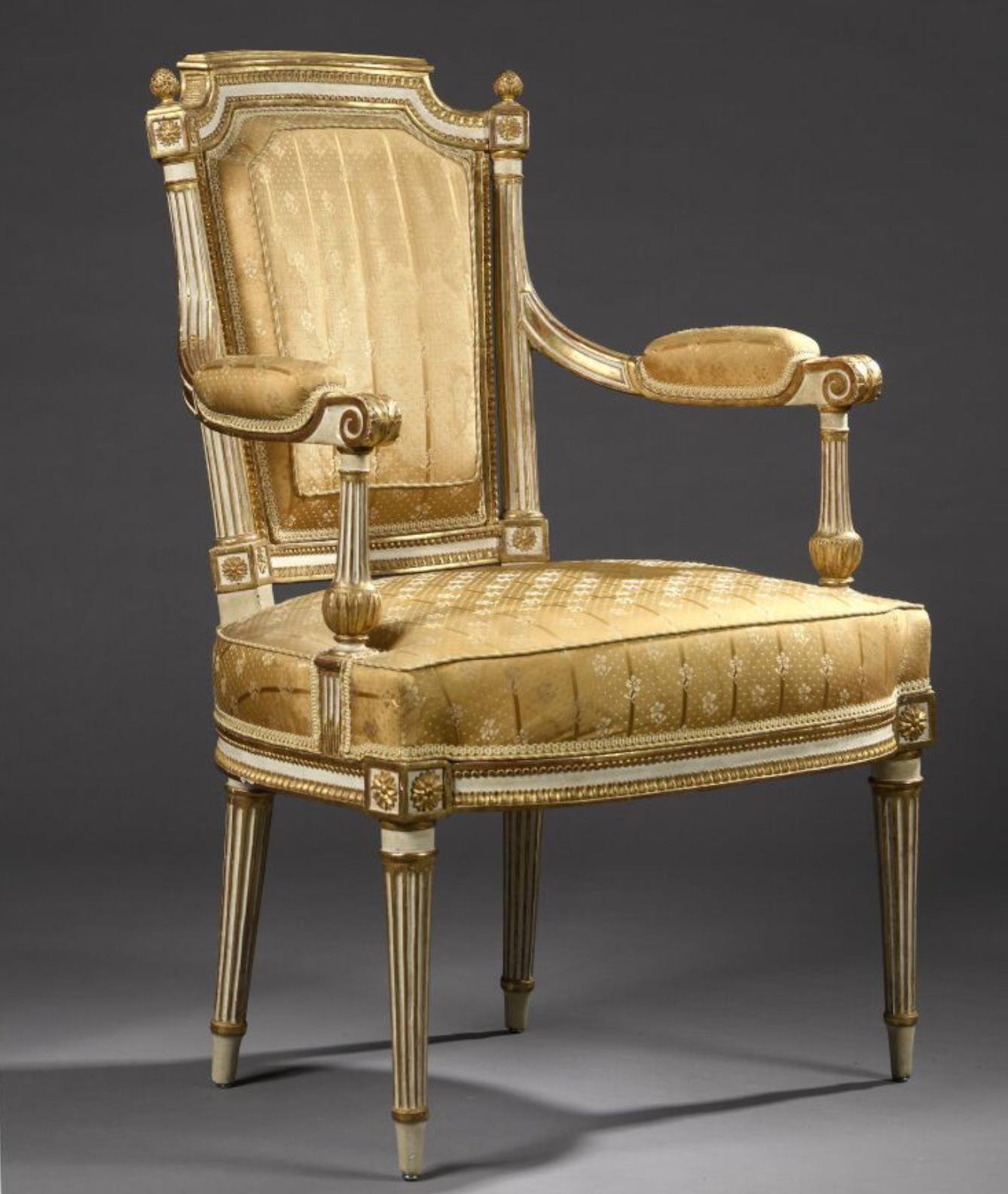 Wood 18th Century French Louis XVI Period Hand Carved Silk Armchair by JB Boulard For Sale